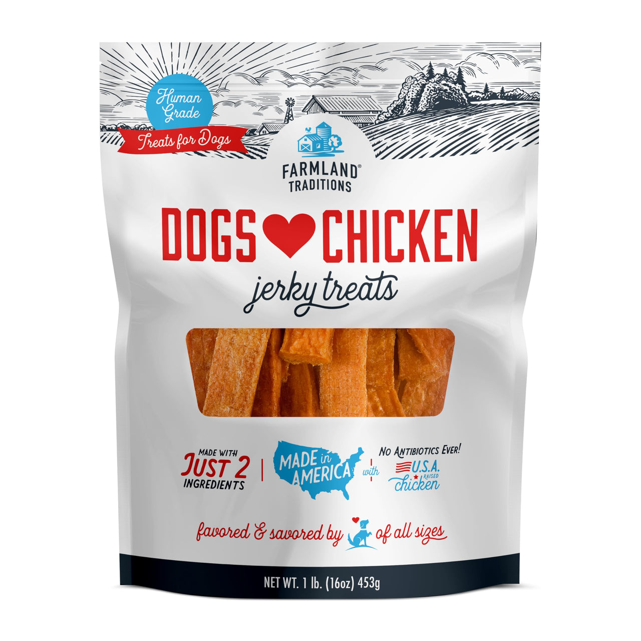 Farmland Traditions Dogs Love Chicken Jerky Dog Treats, Premium Two-Ingredient Dog Jerky with USA-Raised, Human-Grade Chicken & No Antibiotics Ever, 1 Pound (Pack of 1) Bag