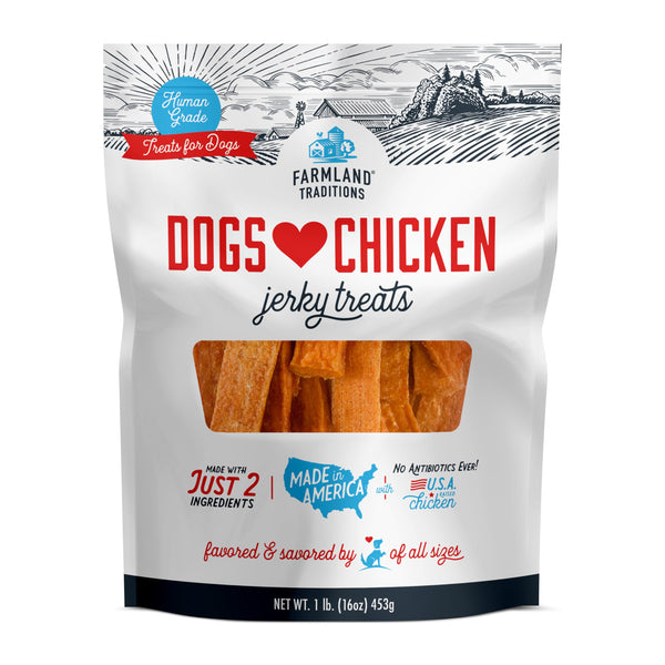 Farmland Traditions Dogs Love Chicken Jerky Dog Treats, Premium Two-Ingredient Dog Jerky with USA-Raised, Human-Grade Chicken & No Antibiotics Ever, 1 Pound (Pack of 1) Bag