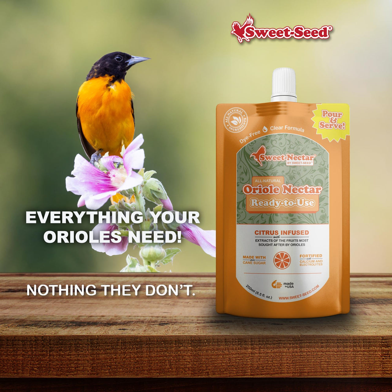 sweet-seed Oriole Nectar 250mL (8oz), Ready to Use - Extends The Life of Nectar for Oriole Feeders | Ultimate Oriole Food… (1-Pack)