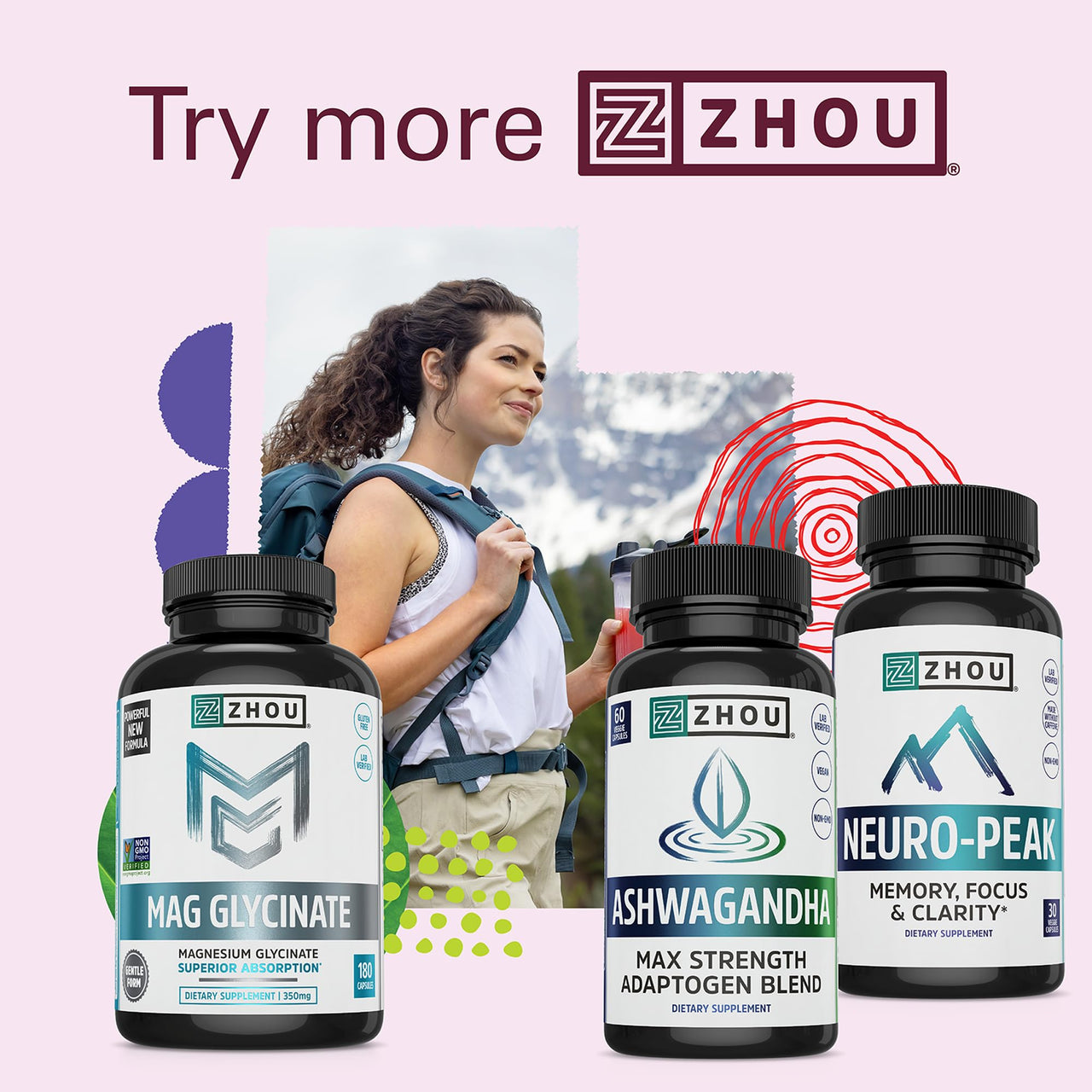 Zhou Nutrition Ashwagandha Capsules, Mood Enhancer, Energy Boost, Blend of Rhodiola, Holy Basil, Cordyceps, Reishi & Ashwagandha Supplement, 30 Servings, 60 Capsules