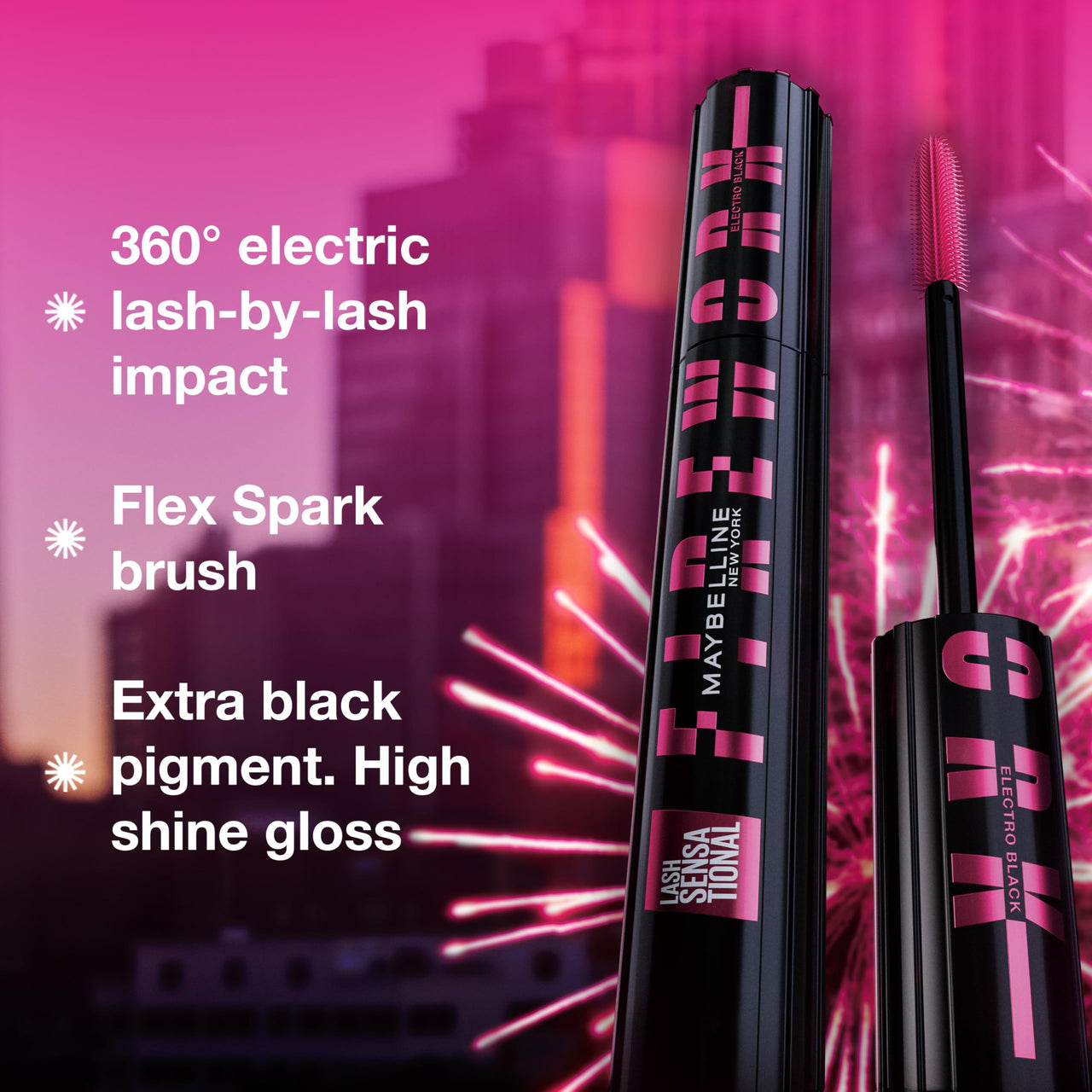 Maybelline Lash Sensational Firework Washable Mascara, Lengthening & Volumizing Mascara for up to 24HR wear, Electro Black, 1 Count