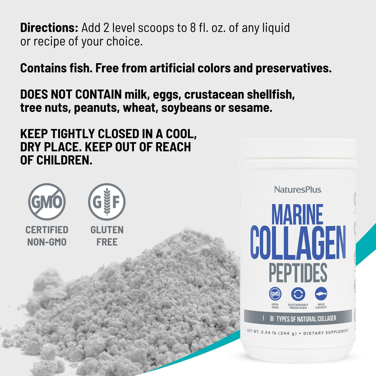 NaturesPlus Marine Collagen Peptides, Unflavored - 0.54 lb - Hair, Skin, Nail & Joint Health, Immune System Support - Gluten Free, Non-GMO - 20 Servings