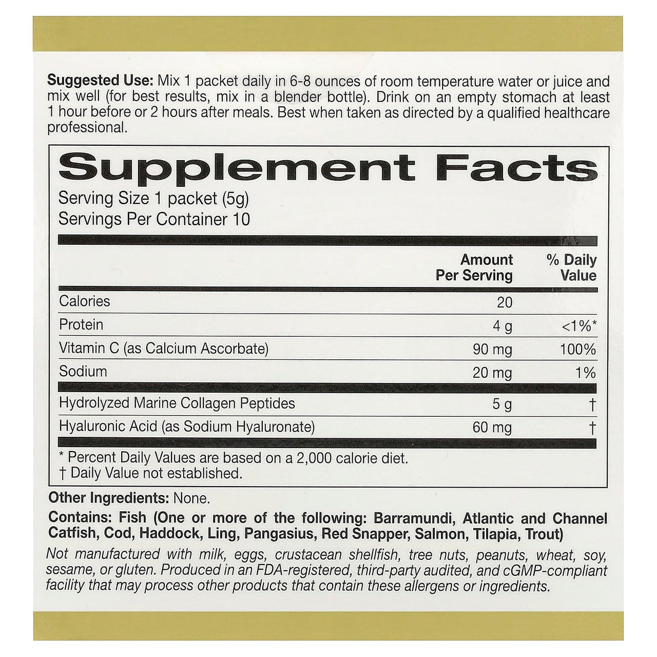 California Gold Nutrition CollagenUP®, Hydrolyzed Marine Collagen Peptides with Hyaluronic Acid and Vitamin C, Unflavored, 10 Packets, 0.18 oz (5 g) Each