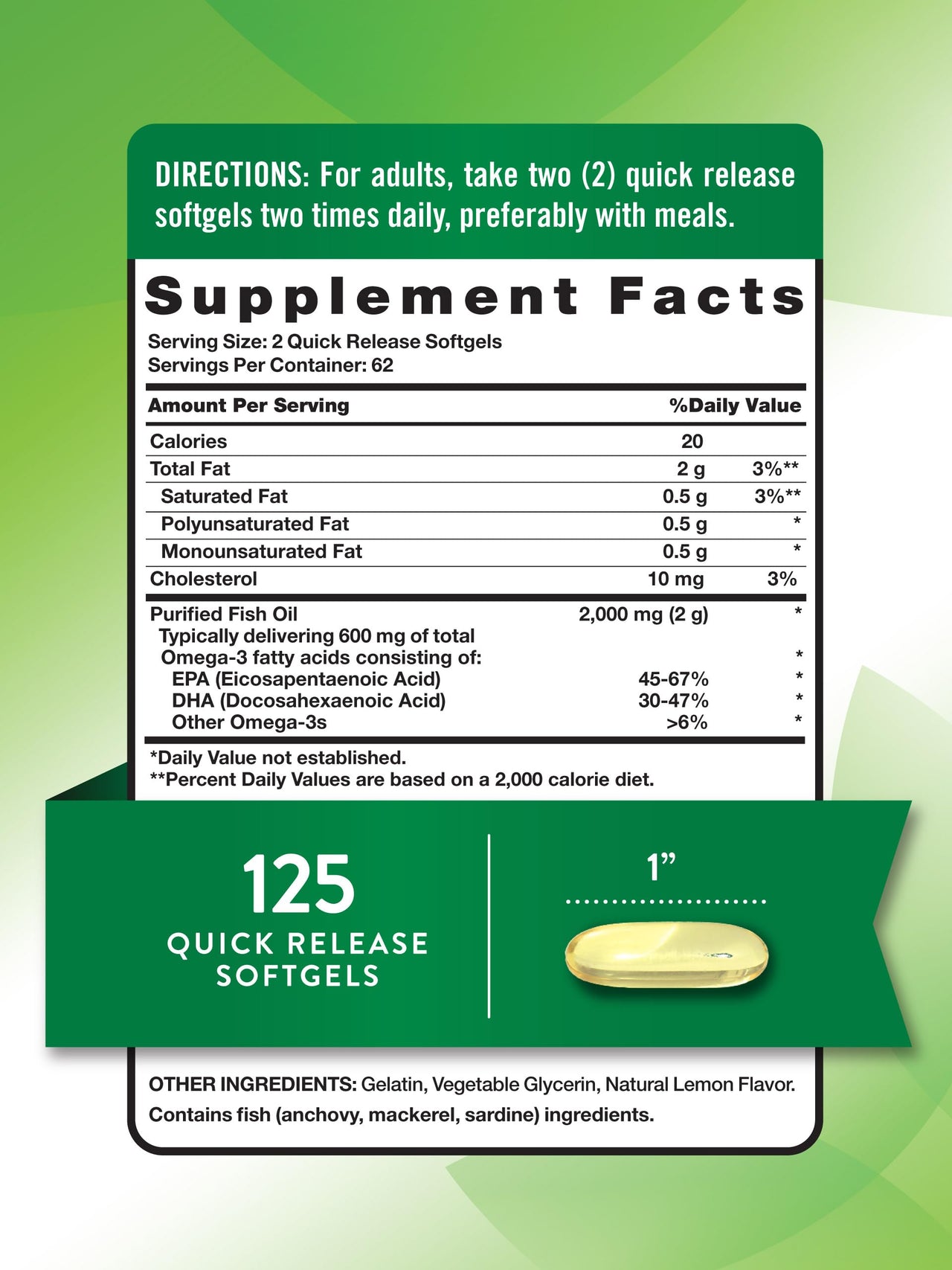 Nature's Truth Omega 3 Fish Oil 2000 mg | 125 Liquid Softgels | Burpless, Lemon Flavor Pills | Non-GMO and Gluten Free Supplement