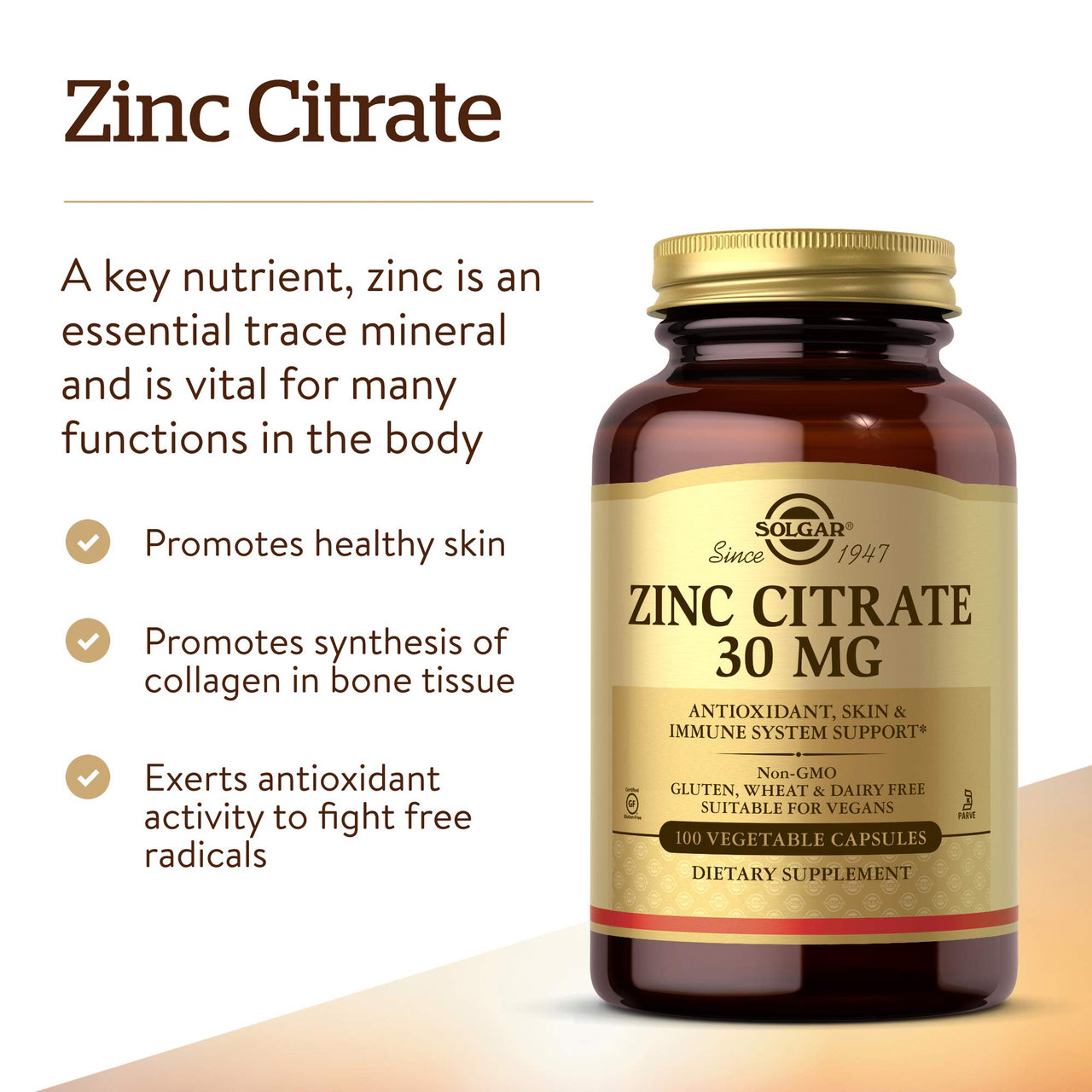 Solgar Zinc Citrate Vegetable Capsules, 100 Count, Non-GMO, Gluten Free, and Kosher, Supports Immune System Health, Healthy Skin and Eyes, Normal Taste and Vision
