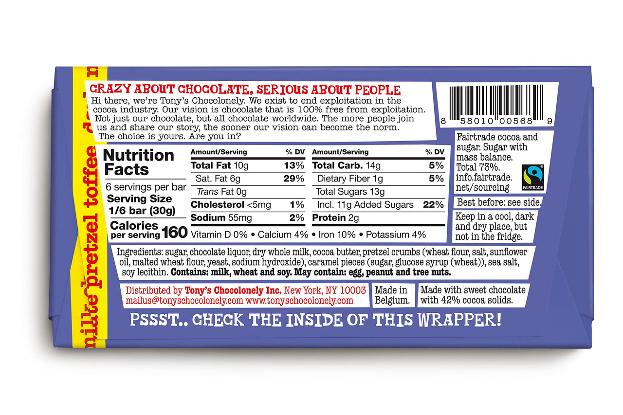 Tony's Chocolonely 42% Dark Milk Chocolate Bar with Pretzel & Toffee - Dark Milk Chocolate, Pretzel & Toffee Chunks, Belgium Chocolate, No Artificial Flavoring, Fairtrade & B Corp Certified - 6.35 oz, 4 Bars