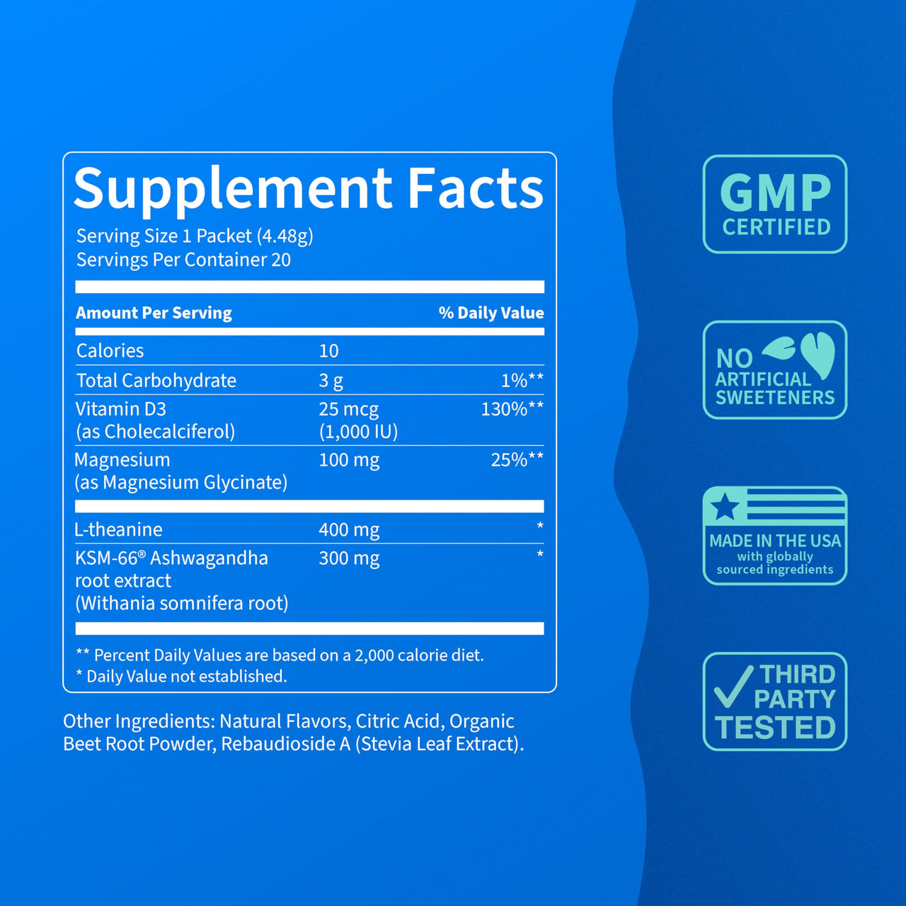 Nello Supercalm Powdered Drink Mix, Cortisol Reducer and Sleep Aid Supplement, L Theanine, Ksm-66 Ashwagandha, Magnesium Glycinate, Vitamin D 3, No Sugar, Non GMO, On The Go, 20 Ct, Raspberry Lemonade