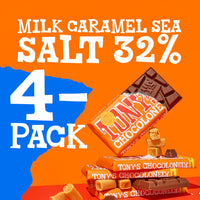 Thumbnail for Tony’s Chocolonely Belgian Milk Chocolate Candy Bar With Caramel & Sea Salt, Chocolate Bars for Snacks, Party Favors, or Gifts, 32% Cacao, Made From Quality Fairtrade Cocoa, 4 Bars, 6.35 Oz Each