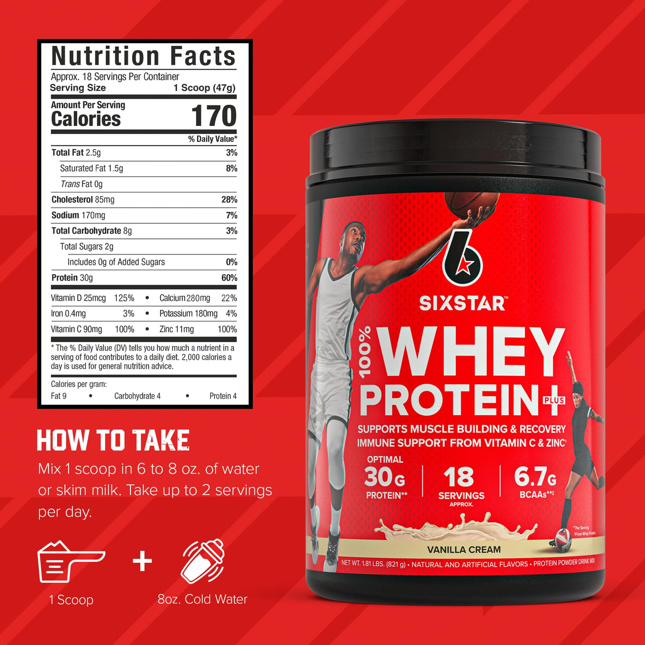 Six Star Whey Protein Powder Plus - Muscle Building & Recovery Formula with Whey Isolate Powder, BCAAs, 30g Protein, Immune Support - Post-Workout Supplement - Vanilla Cream, 1.8 lbs