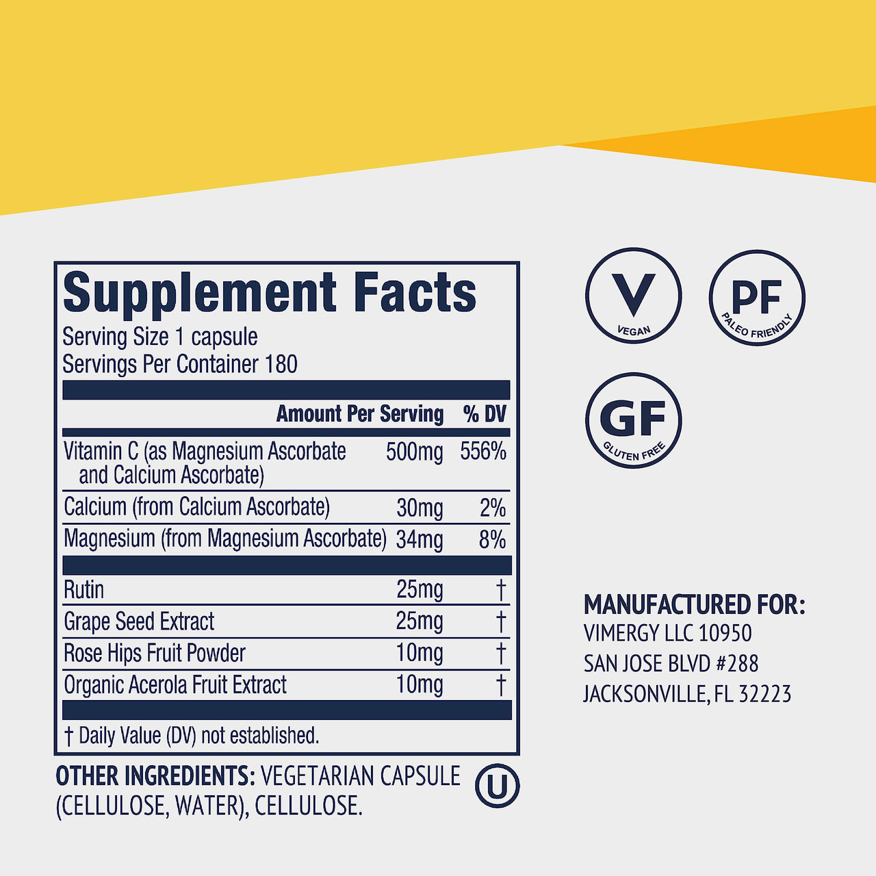 Vimergy Micro-C® Vitamin C Capsules – 500mg per Capsule, Supports Immune Health*, Promotes Collagen Production, Supports Healthy Bones*, Kosher, Vegan & Gluten-Free, Regular Size 180 Capsules