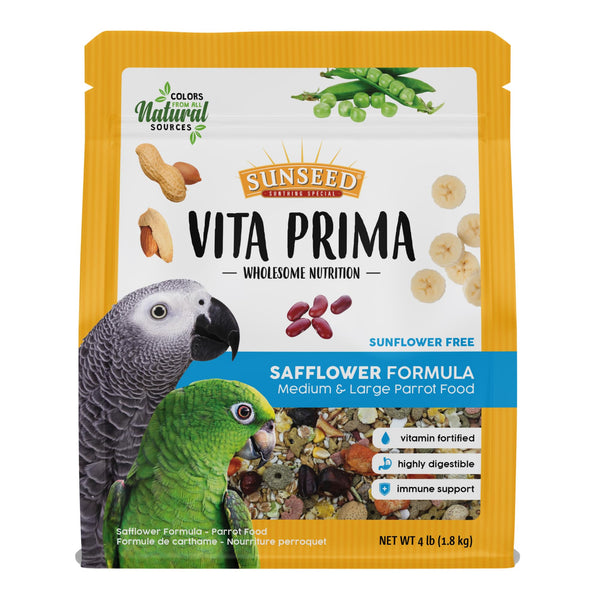 Vitakraft Sunseed Vita Prima Safflower Formula Parrot Food for Medium and Large Birds 4 lb. Bag with Seeds Grains Fruits and Veggies for Wholesome Daily Nutrition Your Parrot is Family