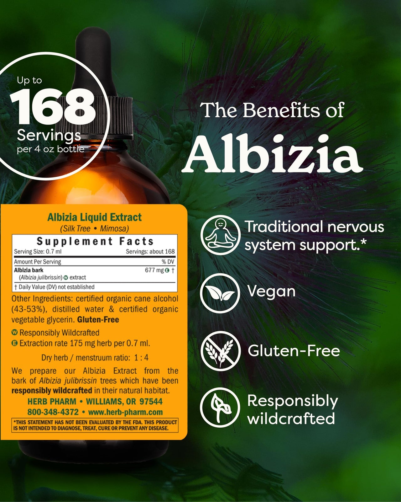 Herb Pharm Albizia Liquid Extract for Calm Mind & Nervous System Support, Vegan Albizia Bark Tincture, Herbal Support for Emotional Wellness, Non-GMO, Gluten-Free, Up to ~12 Week Supply, 4 oz*