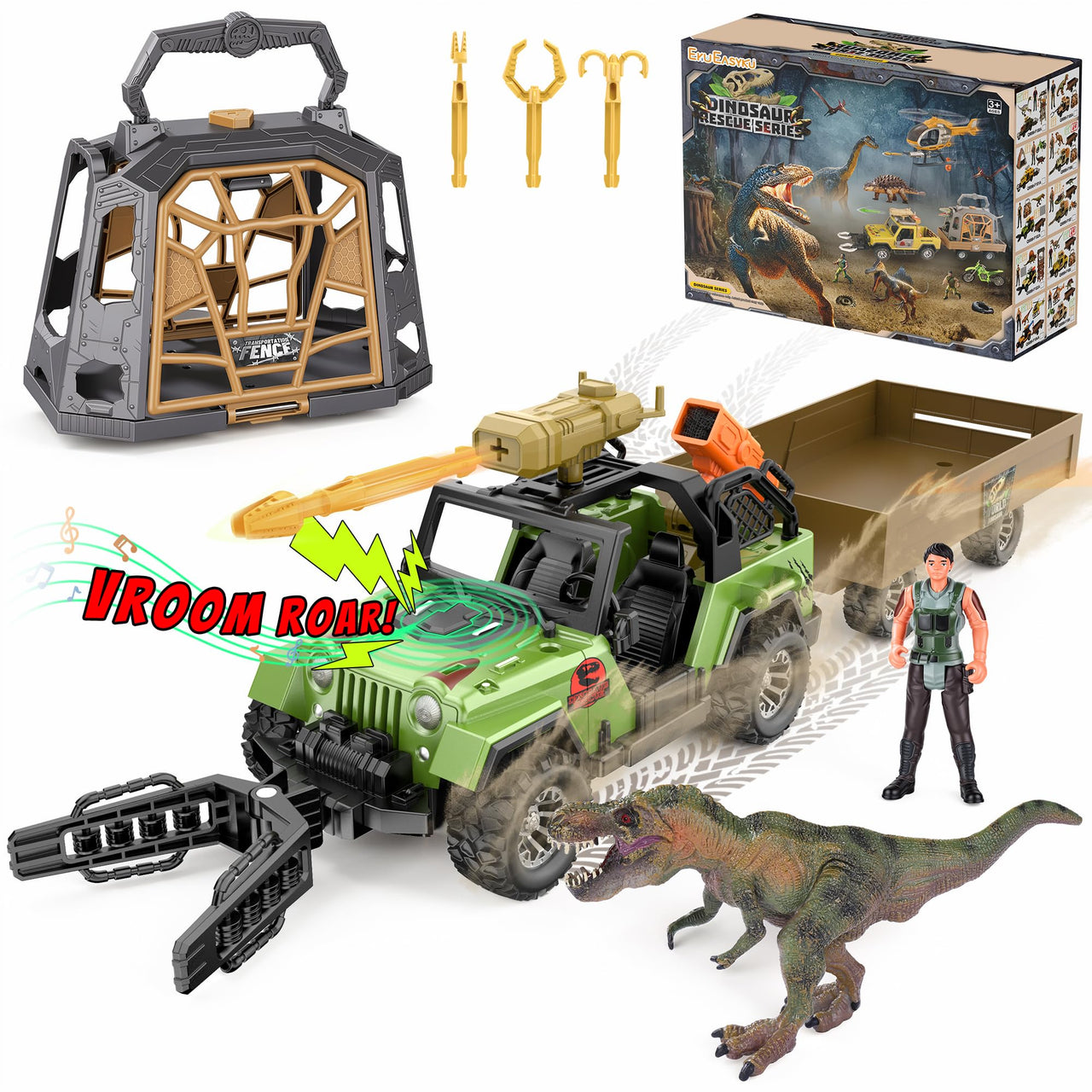 EKU Dinosaur Toys Truck with 10 Sounds, Transport Trailer, Capture Clamp and Net, 15ft Launch, Cage, T Rex, Human, Christmas Birthday Gifts for Jurassic World Adventure Dino Rescue Kids 3+