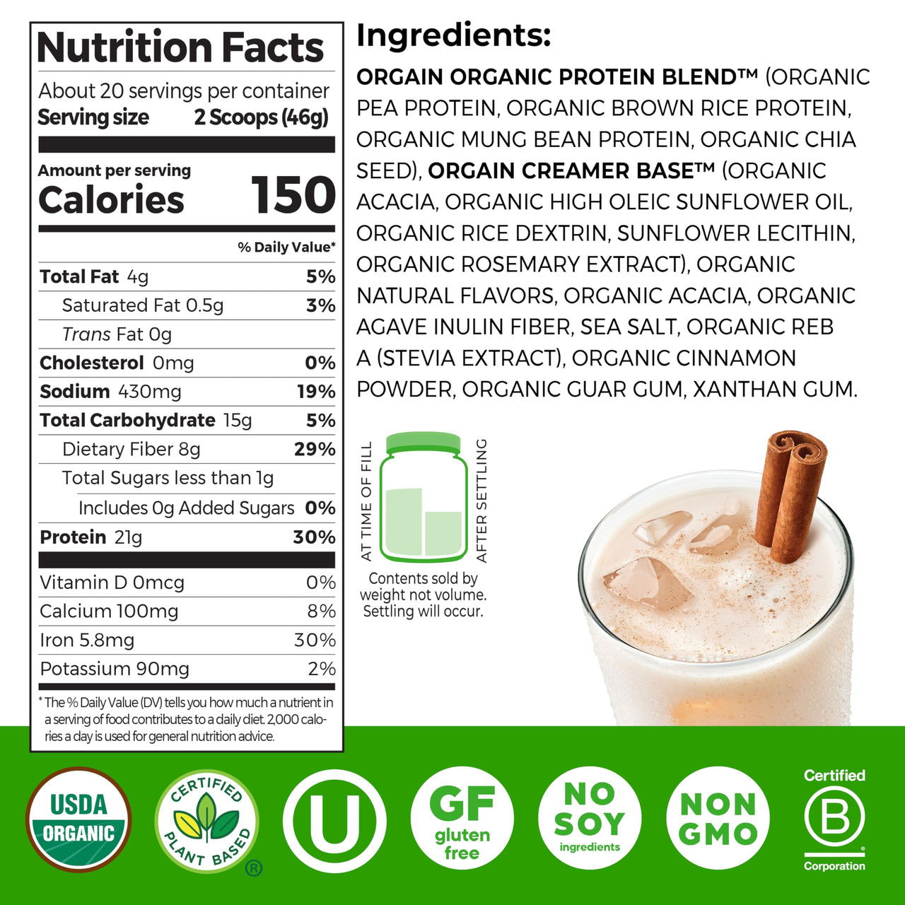 Orgain Organic Vegan Protein Powder, Horchata - 21g Plant Based Protein, 9g Prebiotic Fiber, Low Net Carb, No Lactose Ingredients, No Added Sugar, Non-GMO, For Shakes & Smoothies, 2.03 lb