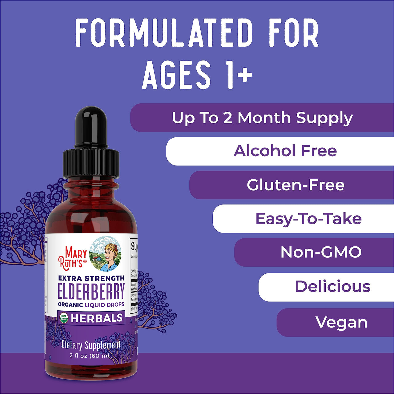 MaryRuth Organics Elderberry Syrup Extra Strength, USDA Organic Elderberry, Sugar Free Adults & Kids Immune Support Supplement for Ages 1+, Clean Label Project Verified®, Vegan, Gluten Free, 2 Fl Oz