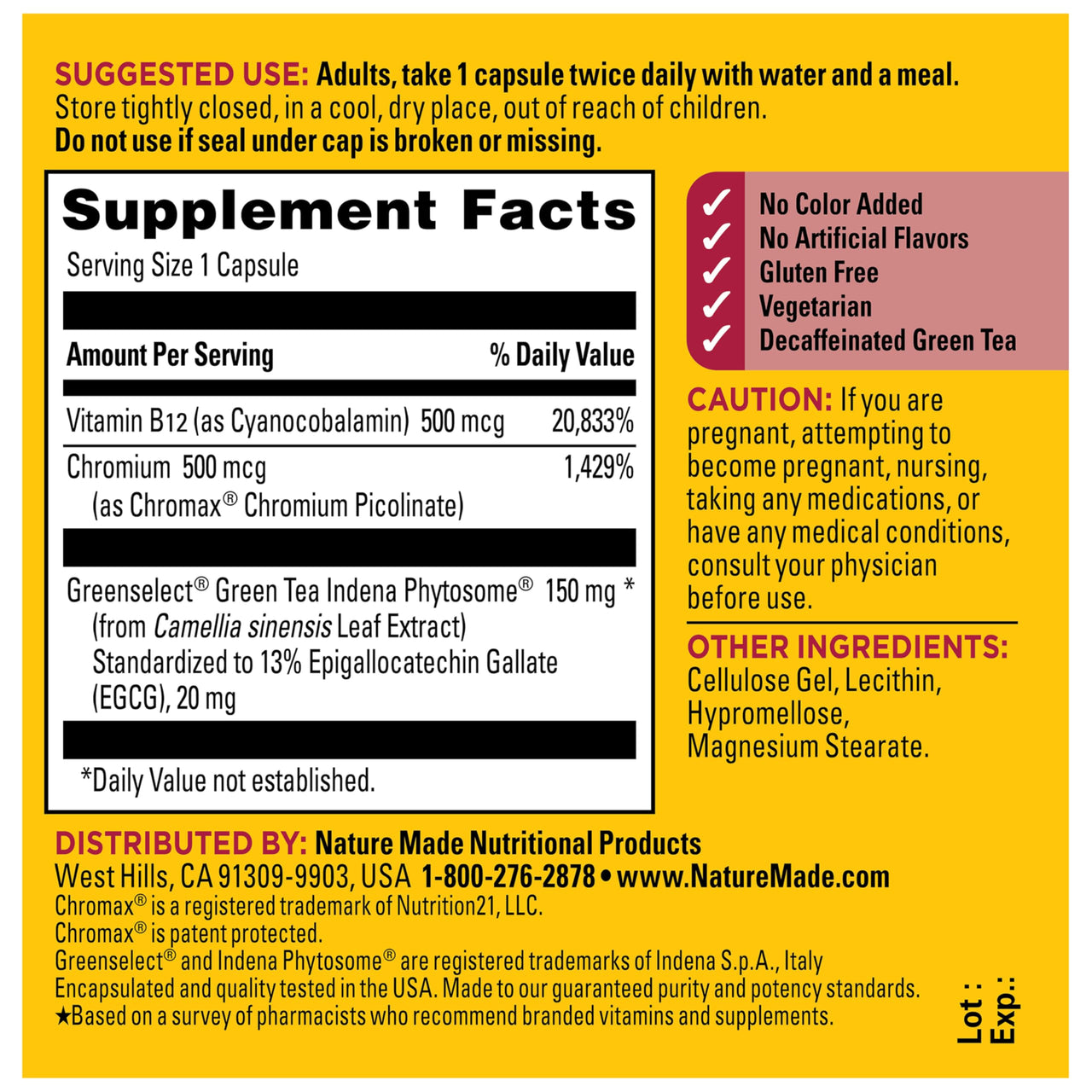 Nature Made Metabolyze Capsules, Chromium Picolinate, Green Tea Extract and B12, Healthy Weight Management & Fat Metabolism Support, 60 Capsules, 30 Day Supply