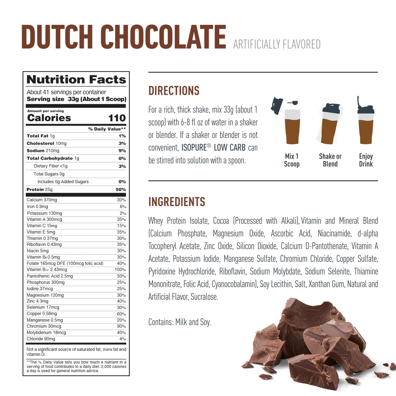 Isopure Low Carb 100% Pure Whey Isolate Protein Powder, Gluten Free, With Vitamins, Dutch Chocolate, 25g Protein Per Serving, 3.07 Lbs, 41 Servings (Packaging May Vary)