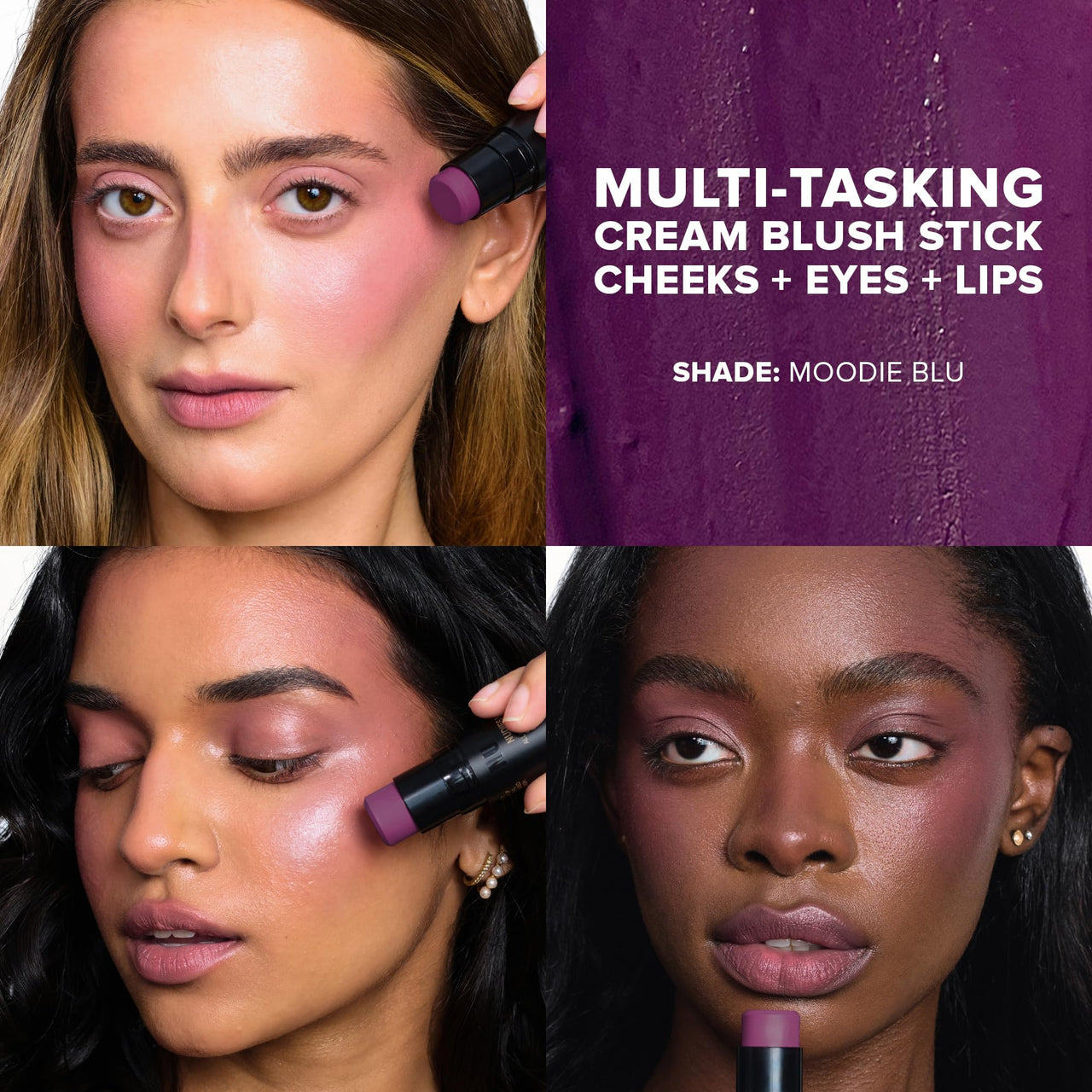 Nudestix Nudies Blush Stick – 3-in-1 Cream Blush for Cheeks, Eyes & Lips with Built-In Brush | Soft Matte Finish for a Natural Flush | Clean, Vegan & Travel-Friendly Makeup (Moodie Blu)