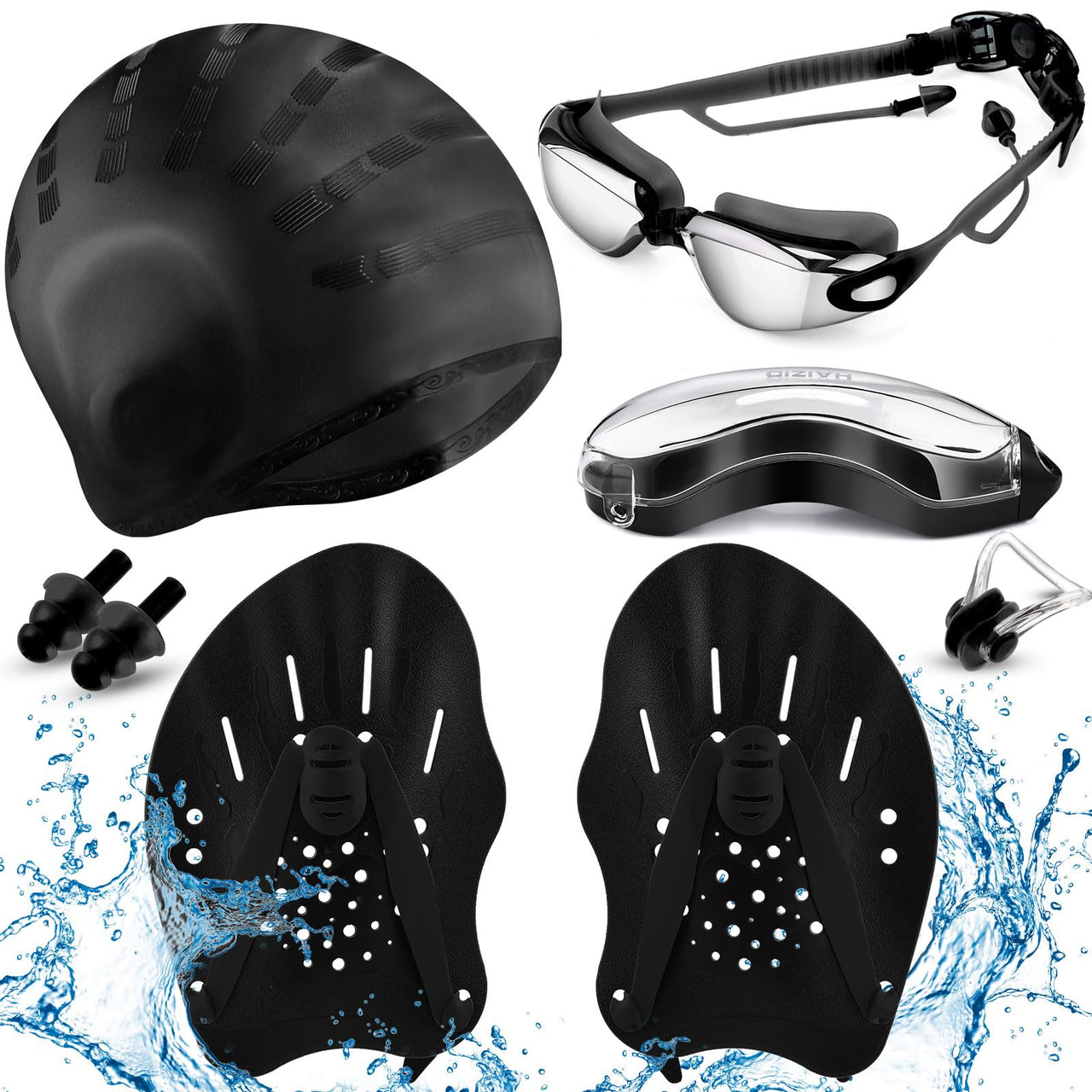 Foilswirl 8 Pcs Swimming Equipment Kit Anti Fog Swim Goggles Paddle Hand Cap Nose Cover Training Hand Paddles with Adjustable Straps for Lap Men Women(Black)