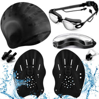 Thumbnail for Foilswirl 8 Pcs Swimming Equipment Kit Anti Fog Swim Goggles Paddle Hand Cap Nose Cover Training Hand Paddles with Adjustable Straps for Lap Men Women(Black)