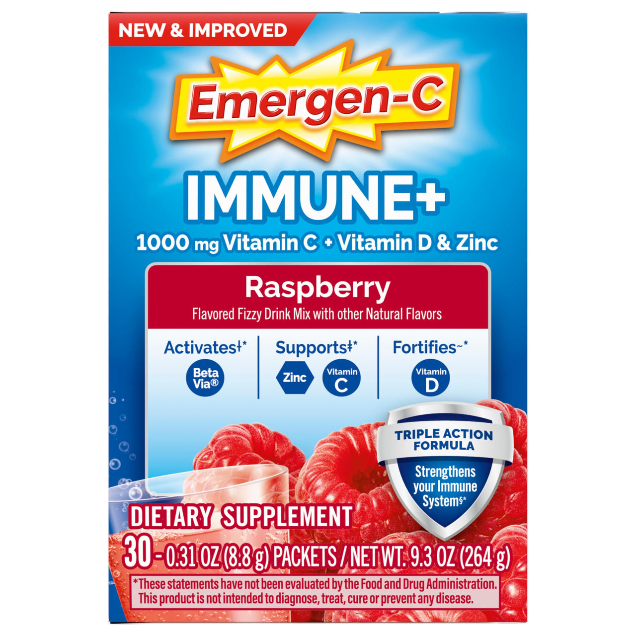 Emergen-C Immune+ Triple Action Immune Support Powder, BetaVia (R), 1000mg Vitamin C, B Vitamins, Vitamin D and Antioxidants, Raspberry – 30 Count