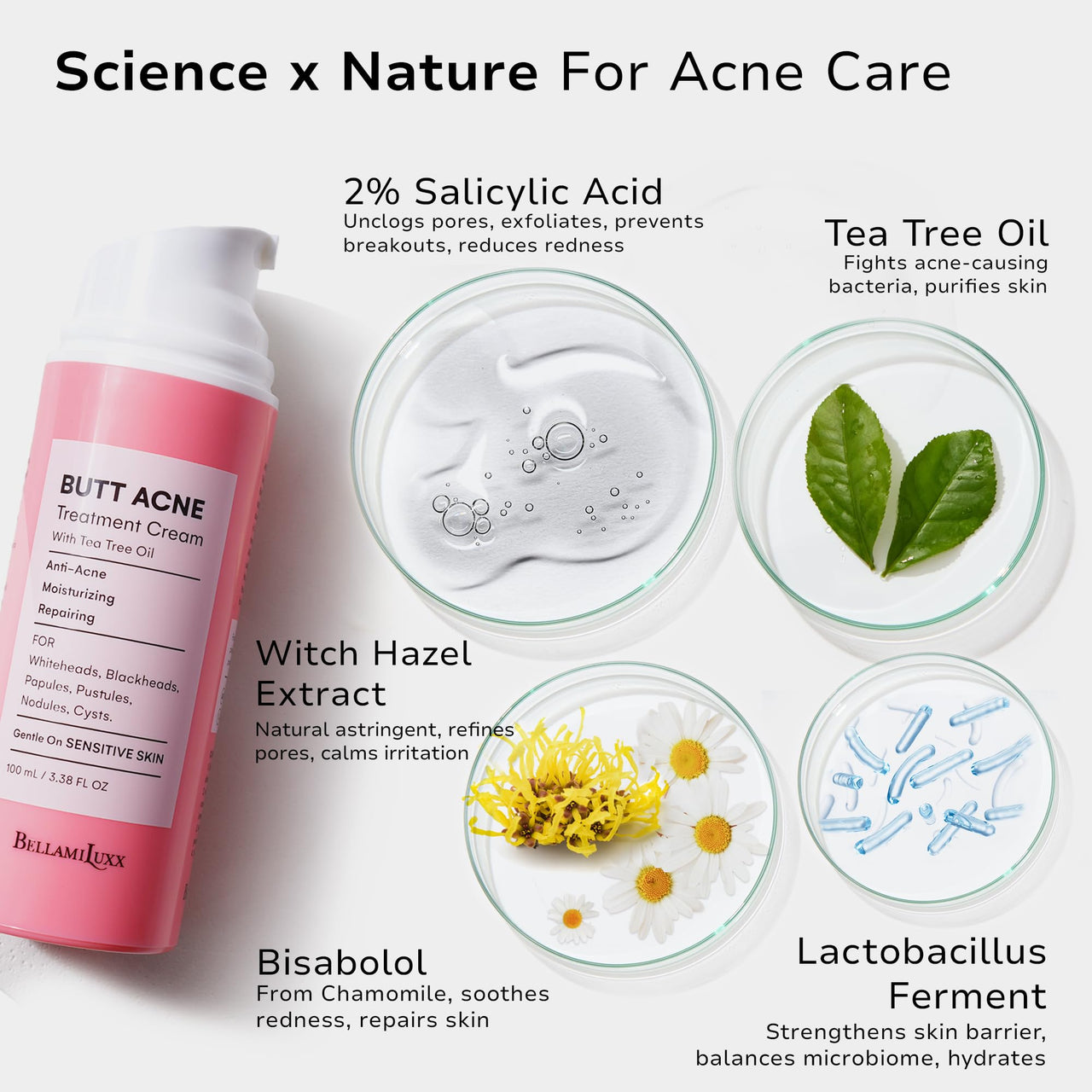 BellamiLuxx Butt Acne Clearing Treatment Cream: Body Acne Treatment for Folliculitis and Pimples on Buttocks, Thighs, and Body with 2% Salicylic Acid & Tea Tree Oil - Butt Cream for Smooth Skin