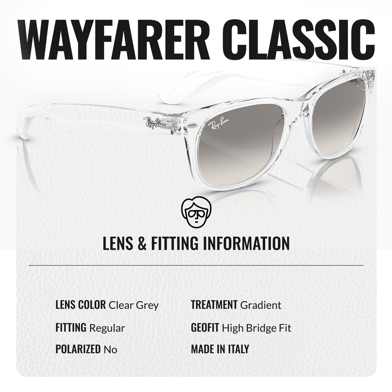 Ray-Ban RB2132 NEW WAYFARER CLASSIC Square Shaped Non-Polarized Sunglasses for Men & Women – Includes Official RAYBAN Eyewear Kit – Ideal Formal & Casual Wear Sunglasses – Clear Grey Lens