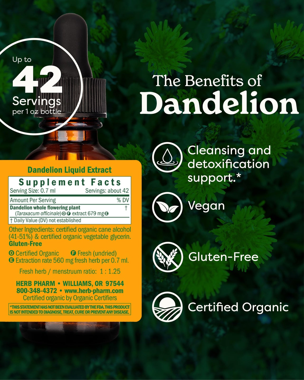 Herb Pharm Certified Organic Dandelion Liquid Extract for Cleansing and Detoxification, Organic Cane Alcohol, 1 Ounce
