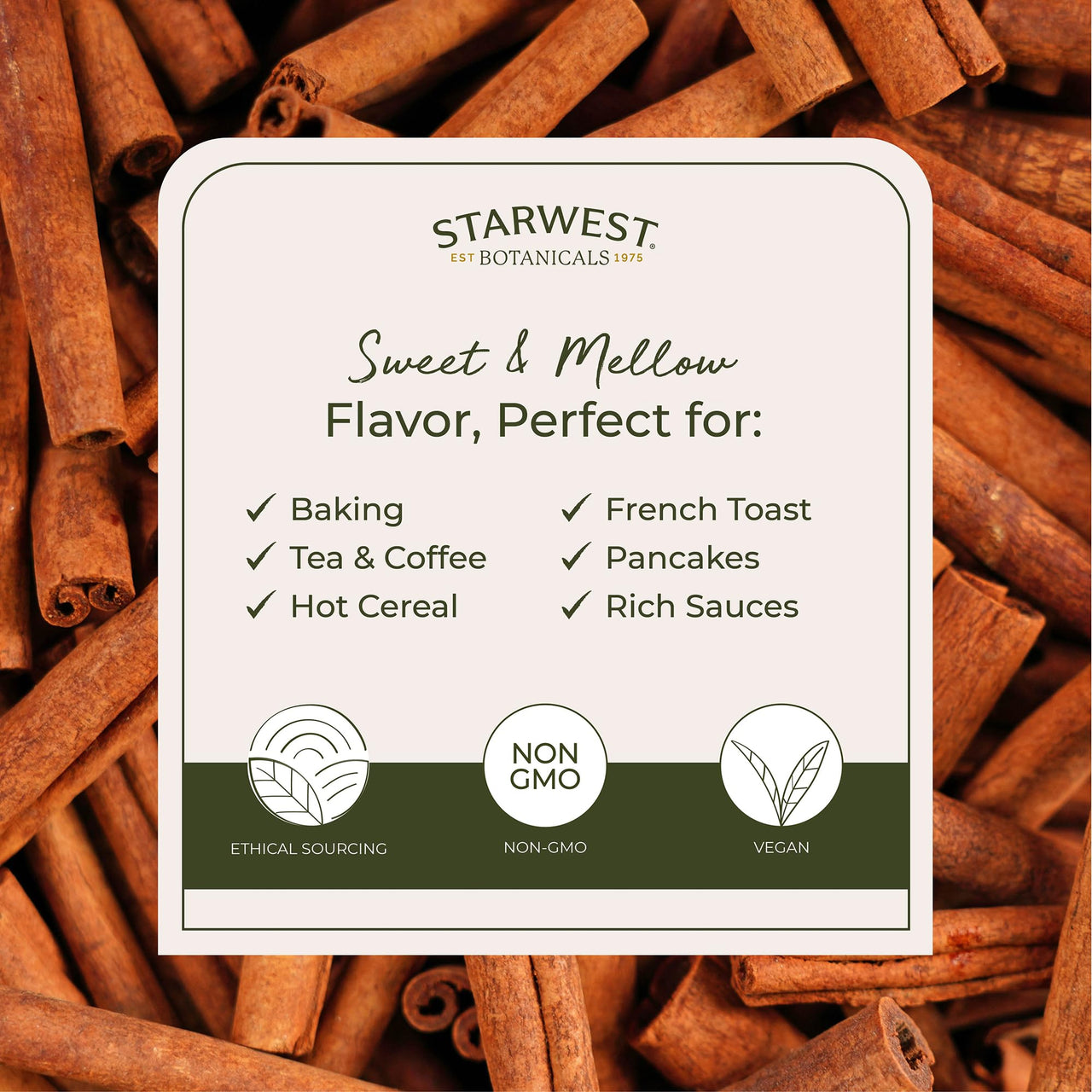 Starwest Botanicals Organic Cinnamon Sticks Whole - Spice for Tea, Cooking, & Baking, Korintje Cinnamon, Sweet & Mellow Flavor, Certified Kosher, Non-GMO - Bulk 1 lb Bag