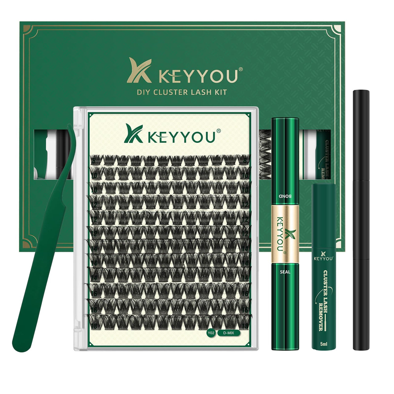 KEYYOU Lash Clusters Kit 144pcs Thick Volume D Curl Lash Clusters Lash Extension Kit with Mascara Brush Bond and Seal Lash Glue Remover Lash Applicators Lash Brush for DIY Lash Extensions (Y02 Kit)