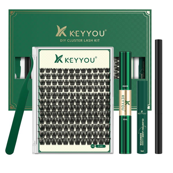 KEYYOU Lash Clusters Kit 144pcs Thick Volume D Curl Lash Clusters Lash Extension Kit with Mascara Brush Bond and Seal Lash Glue Remover Lash Applicators Lash Brush for DIY Lash Extensions (Y02 Kit)