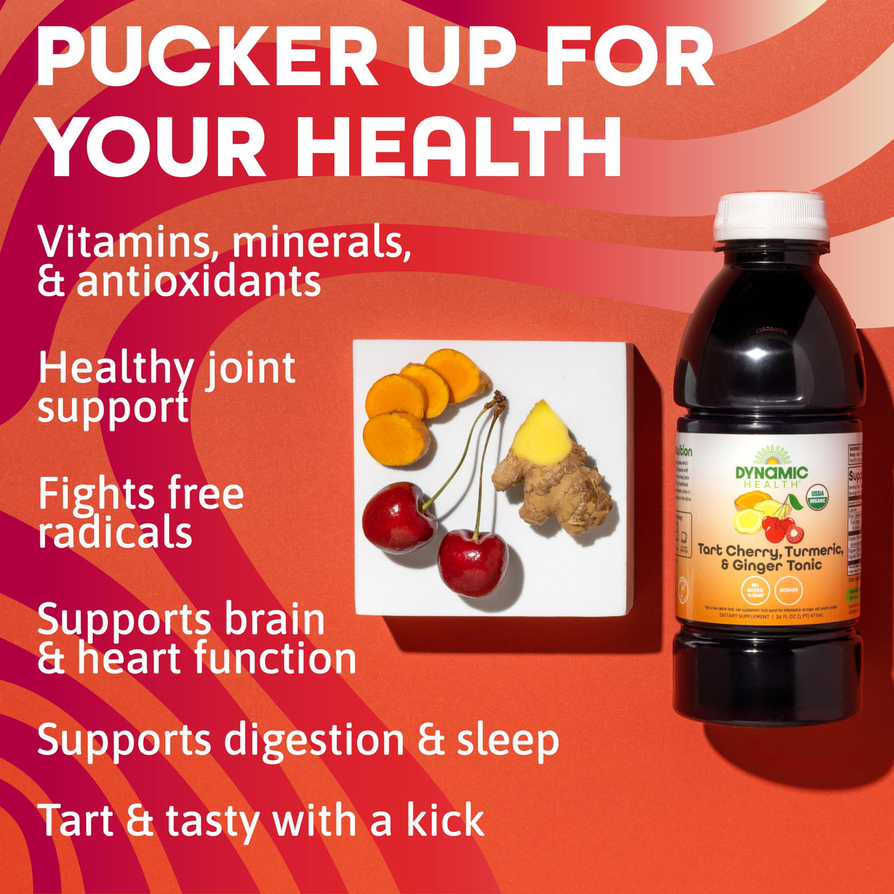 Dynamic Health Tart Cherry Juice Tonic with Turmeric & Ginger | Vegetarian and Kosher | Key Compounds | 16 Fl Oz