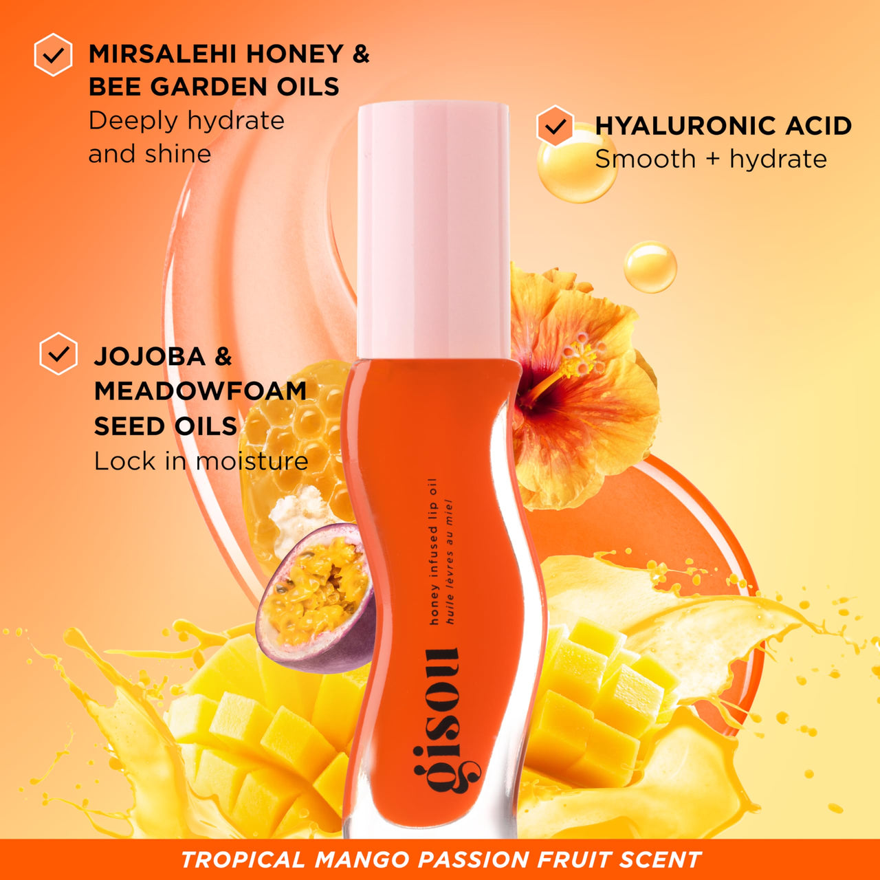 Gisou Honey Infused Hydrating Lip Oil, Nourishing Lip Moisturizer for Dry Lips (Mango Passion Punch)