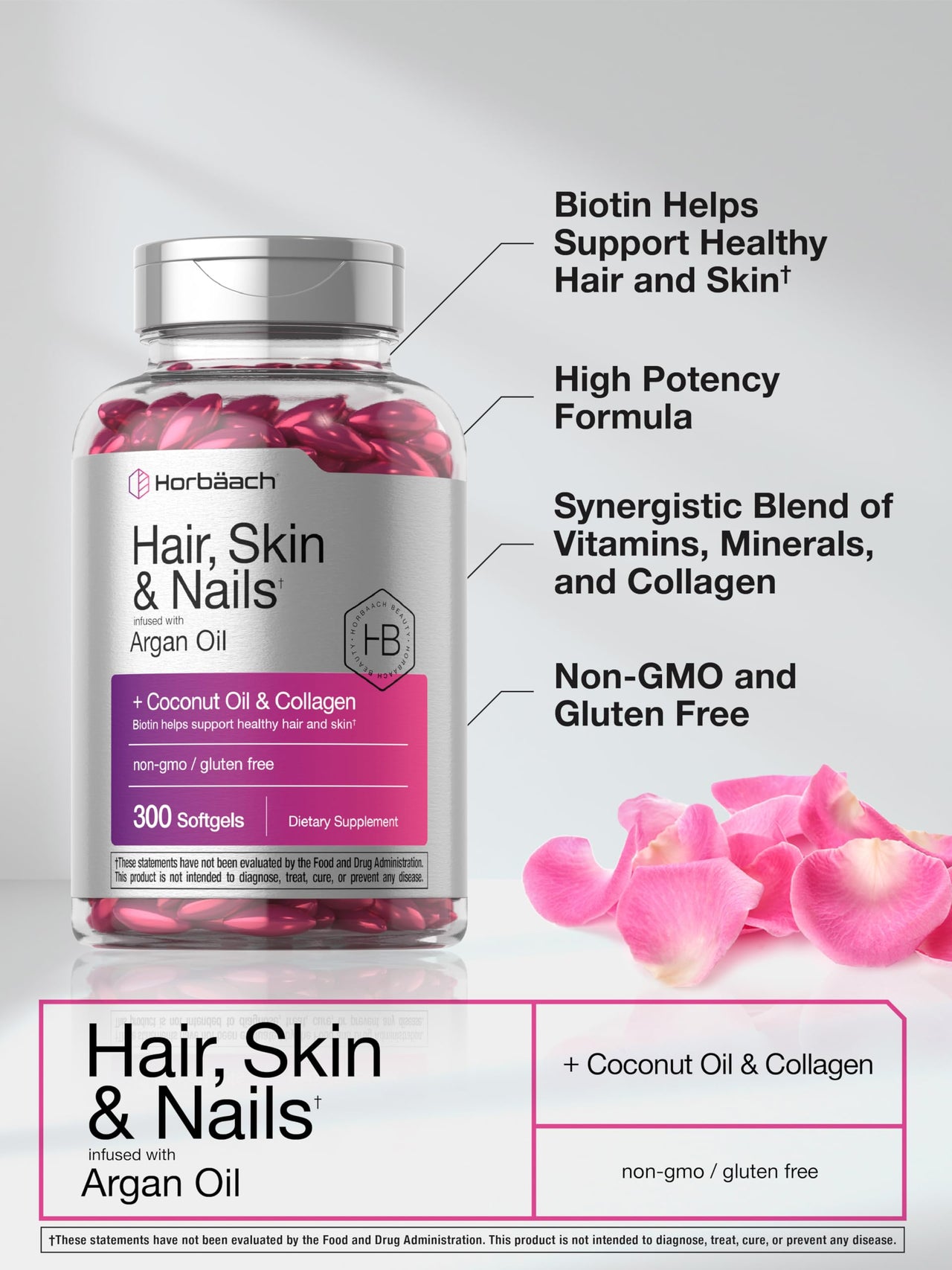 Horbäach Hair Skin and Nails Vitamins | 300 Softgels | with Biotin and Collagen | Infused with Argan Oil and Coconut Oil | Non-GMO, Gluten Free Supplement
