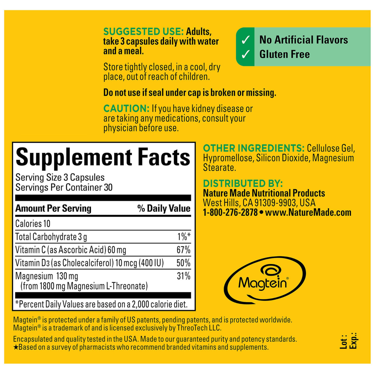 Nature Made Magnesium L-Threonate with Vitamin C & Vitamin D3, Provides 130 mg of Mag from 1800 mg Magnesium L Threonate, Cognitive Support Magnesium Supplement, 90 Capsules, 30 Day Supply