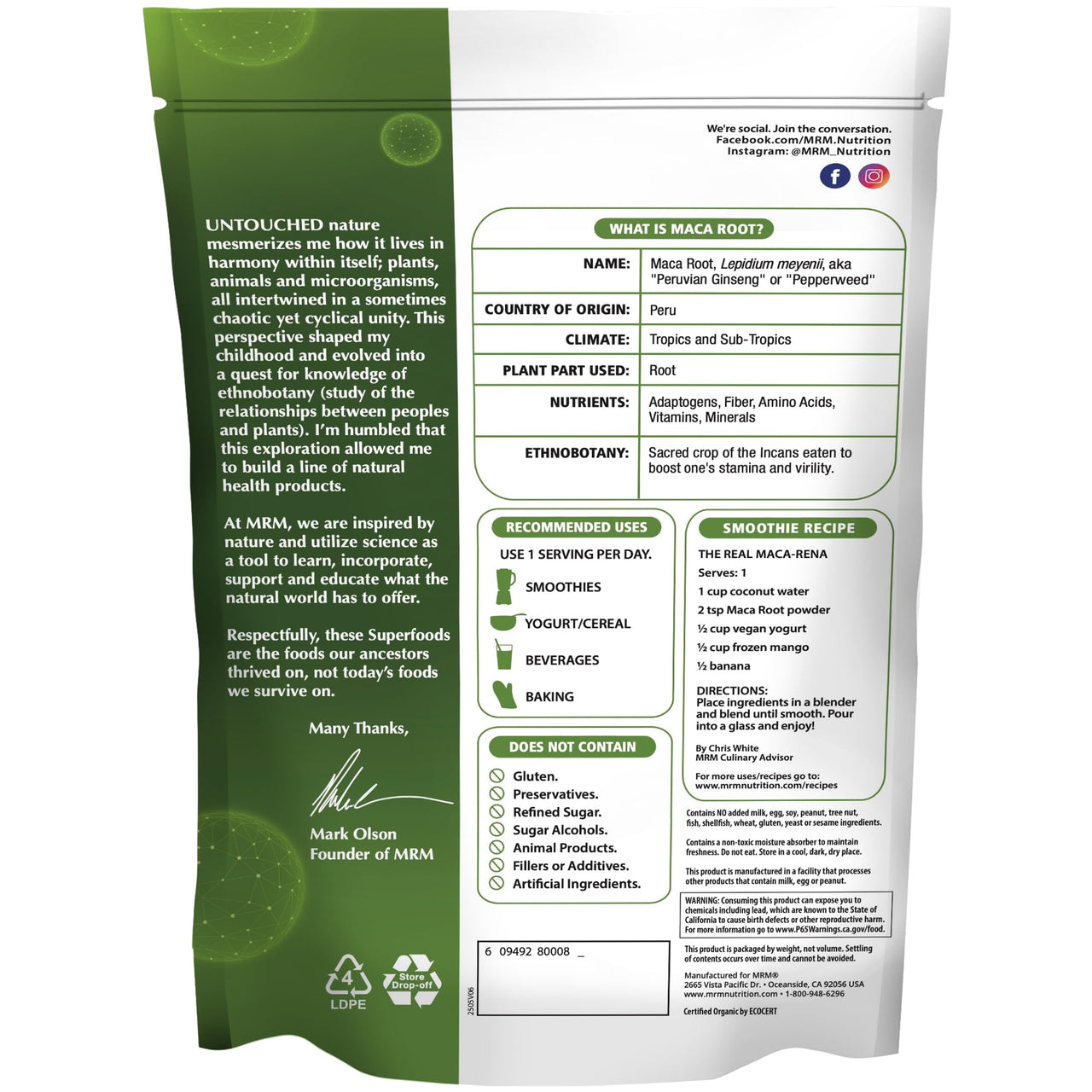 MRM Organic Maca Root Powder - for Women & Men - USDA Organic Maca Root Superfood Powder with Adaptogenic Properties, for Drinks, Smoothies, & Daily Nutrition, Vegan & Gluten-Free - 40 Servings