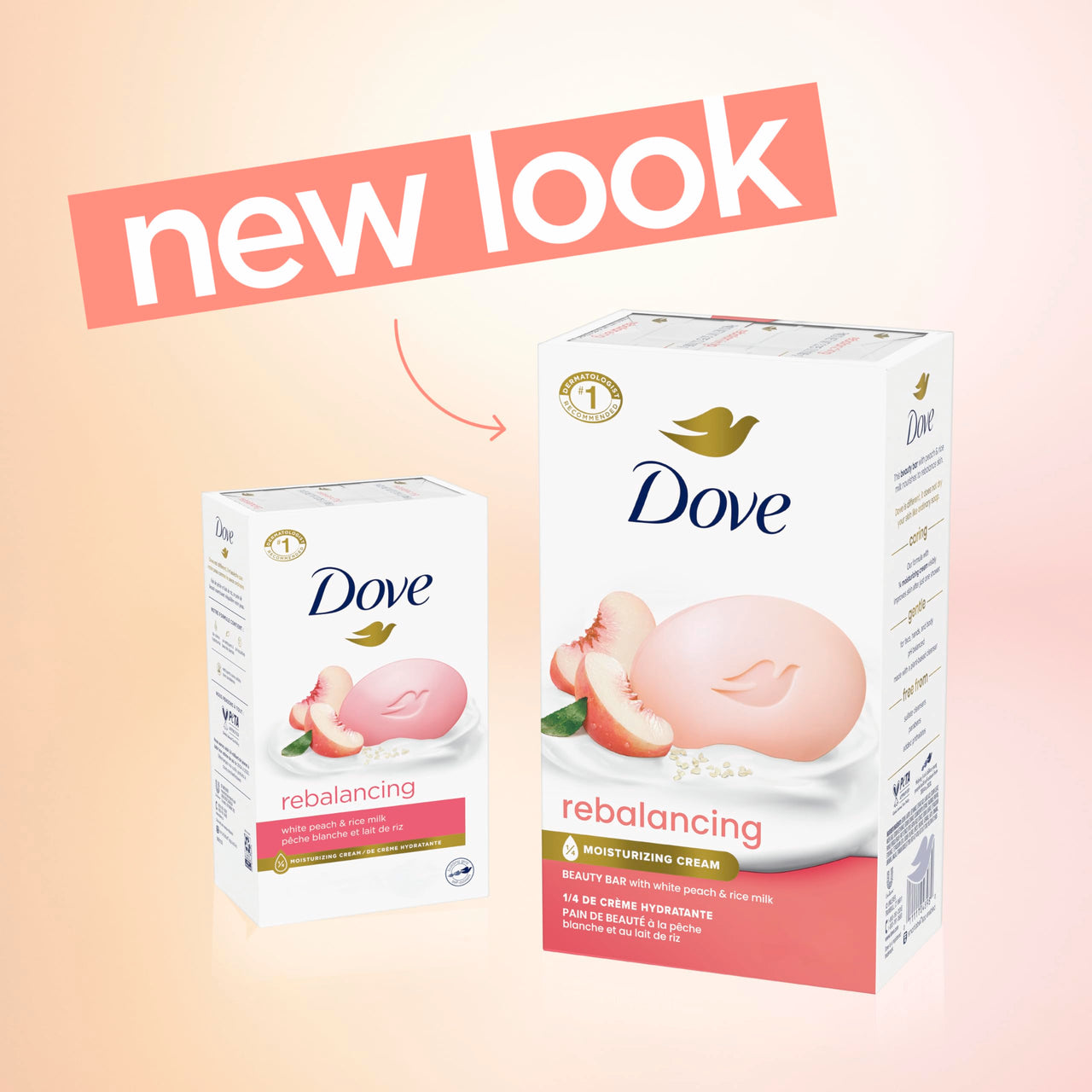Dove Beauty Bar Soap Rebalancing White Peach & Rice Milk 6 Count for a Nourished and Moisturized Skin, with ¼ Moisturizing Cream Plant-Based Formula, 3.75 oz