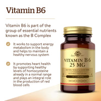 Thumbnail for Solgar Vitamin B6 25 mg, 100 Tablets - Supports Energy Metabolism, Heart Health & Healthy Nervous System - B Complex Supplement - Vegan, Gluten Free, Dairy Free, Kosher - 100 Servings