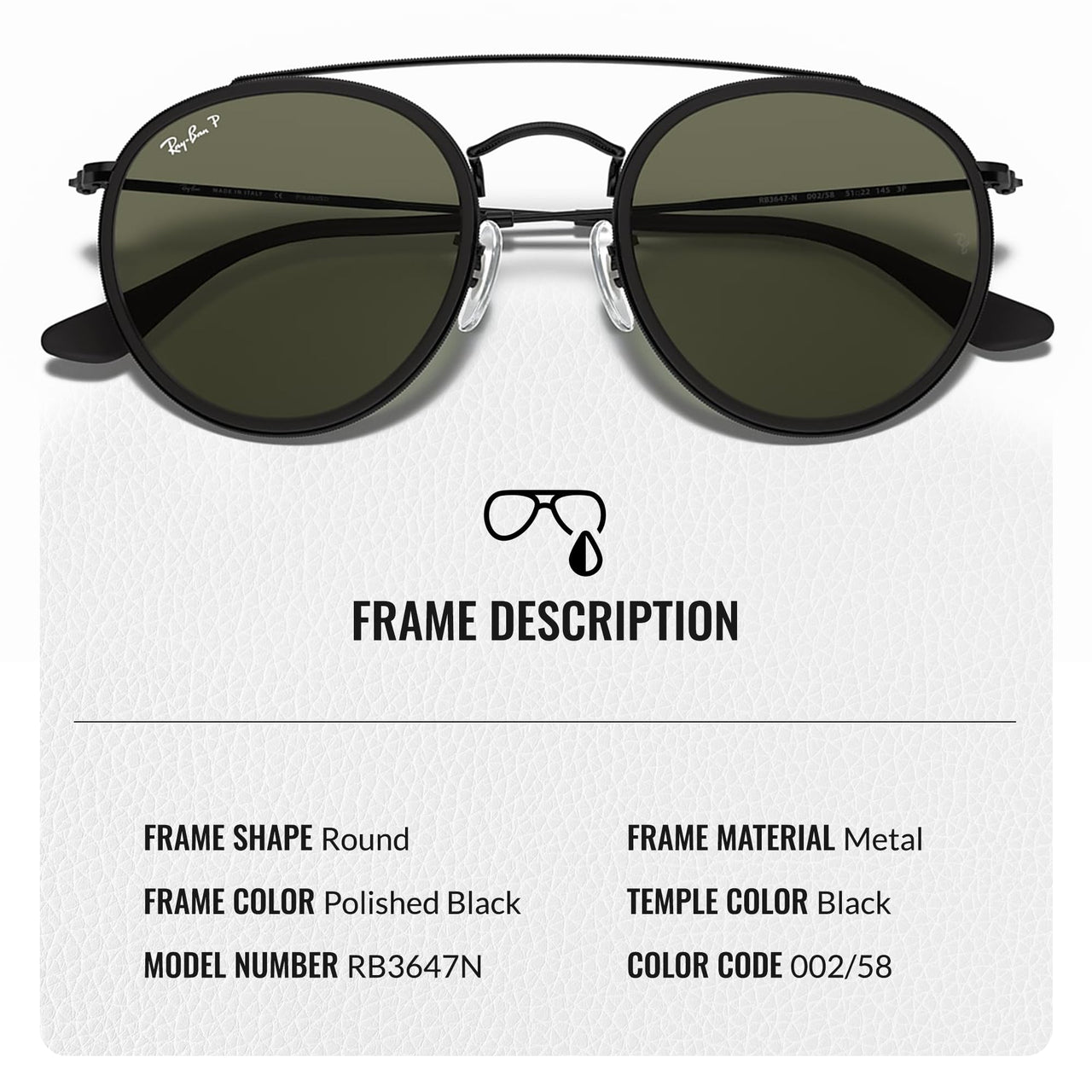 Ray-Ban RB3647N ROUND DOUBLE BRIDGE POLARIZED Round Shaped Sunglasses for Men & Women – Includes Official Rayban Eyewear Kit – Ideal Formal & Casual Wear Sunglasses – G-15 Green Lens