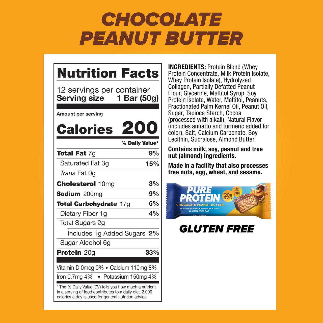 Pure Protein Chocolate Peanut Butter Protein Bars – 20g Protein, 3g Sugar, 190 Calories (12 count) Low Sugar* High Protein Snack - Gluten Free - Perfect for a Healthy Snack