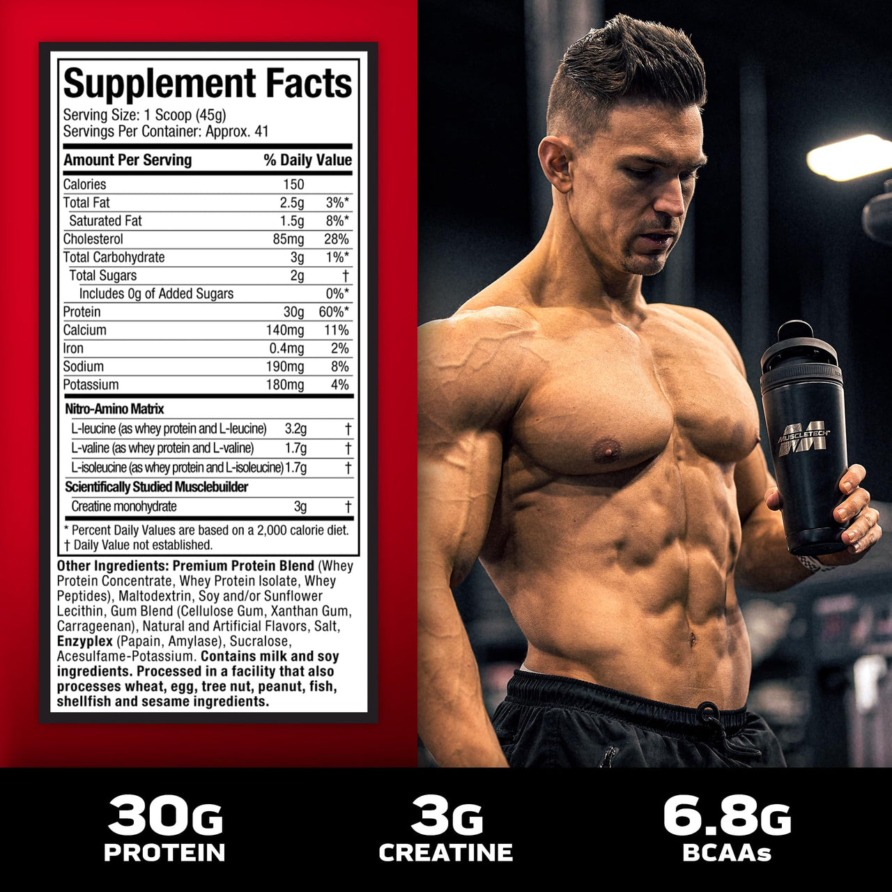 Muscletech Whey Protein Powder (Cookies & Cream, 4 Pound) - Nitro-Tech Muscle Building Formula with Whey Protein Isolate & Peptides - 30g of Protein, 3g of Creatine & 6.8g of BCAA