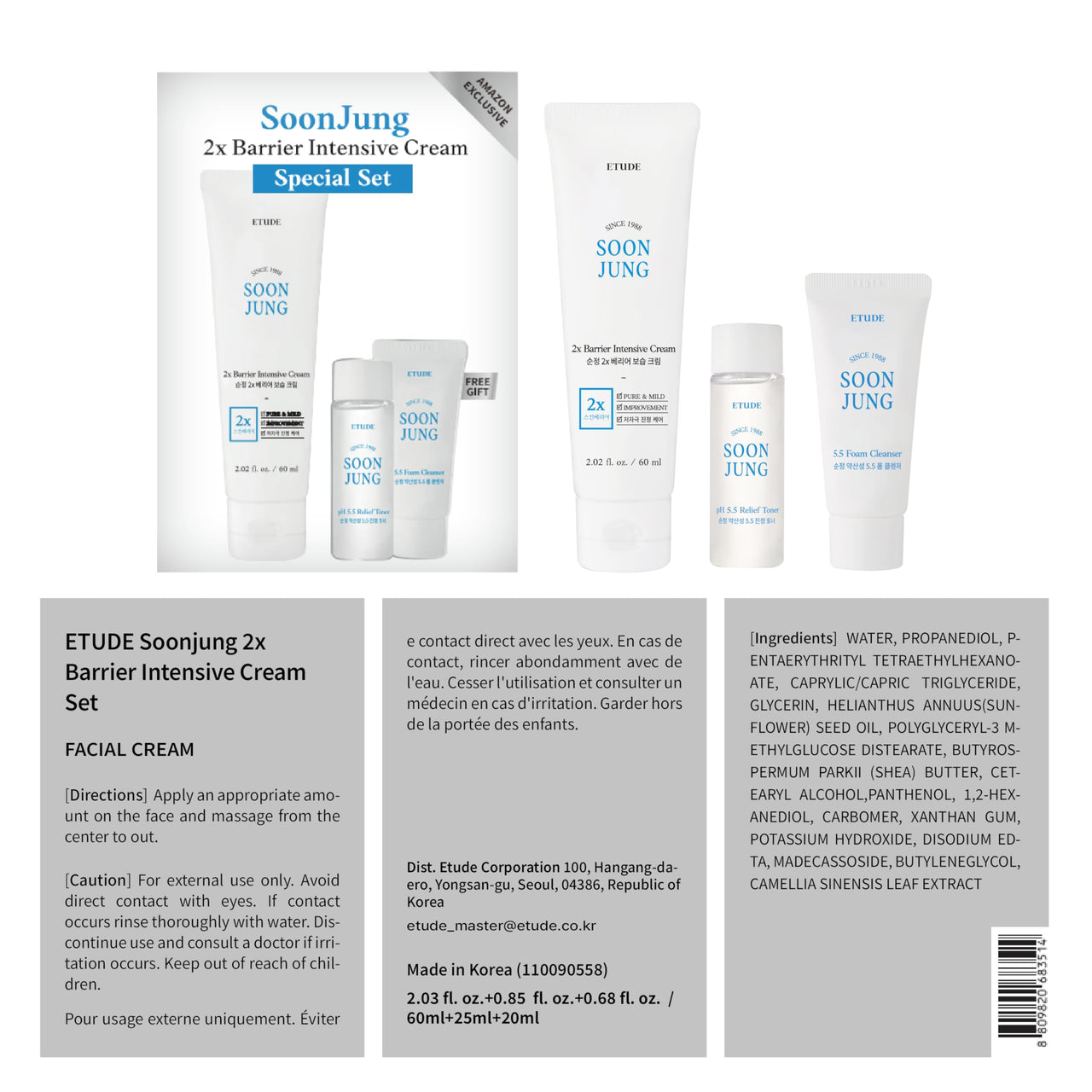 ETUDE SoonJung 2x Intensive Cream Best Trio Set for Barrier Repair | 2x Barrier Cream 2.02 Fl Oz + pH 5.5 Relief Toner 0.85 Fl Oz + Foam Cleanser 0.68 Fl Oz, Korean Skin Care