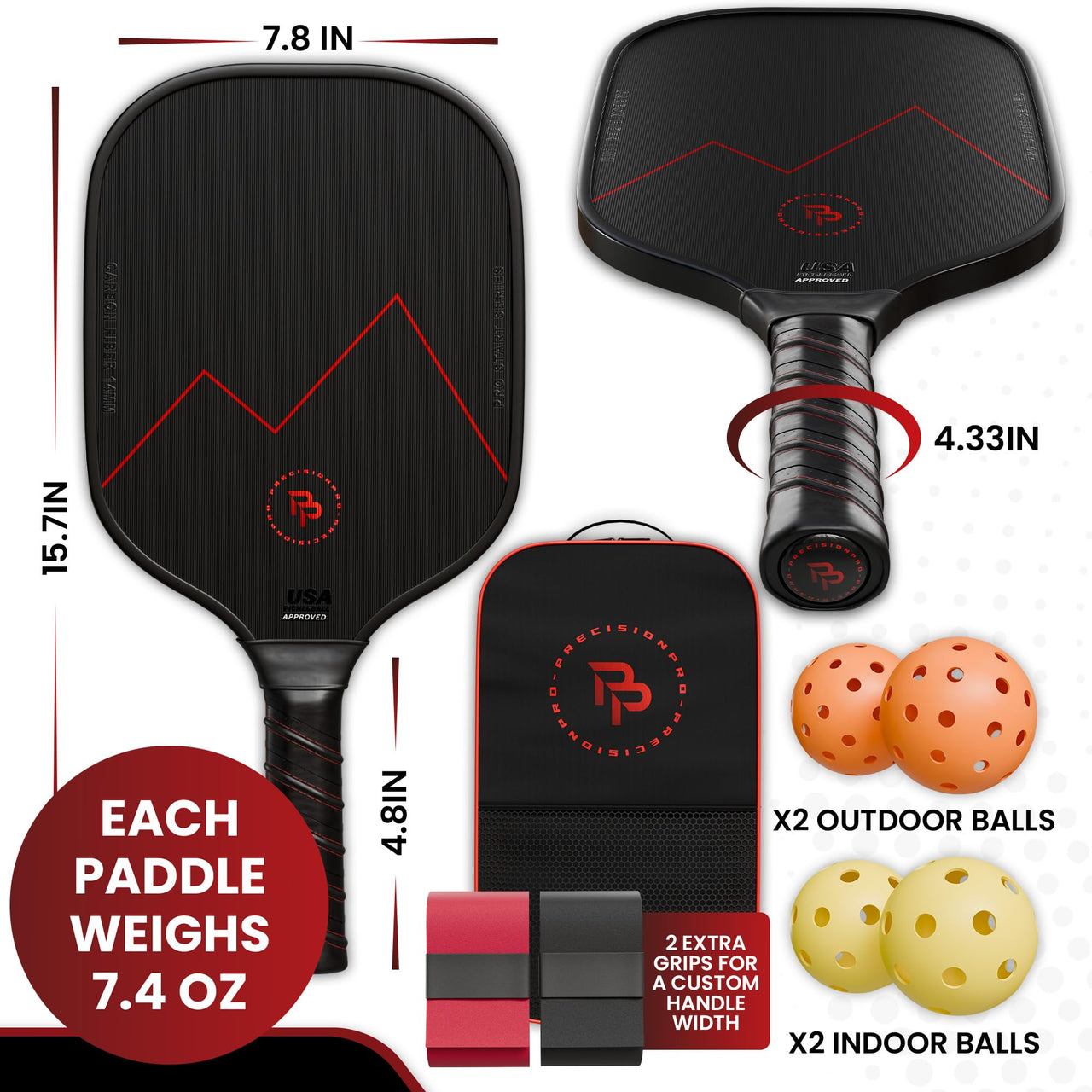 Precision Pro Premium Carbon Fiber Pickleball Paddle- 14mm Pickleball Paddles Set of 2 w/Unique Design Handles & Indoor Outdoor Pickleball Balls - Comfortable Pickleball Paddle Grip, USA Approved