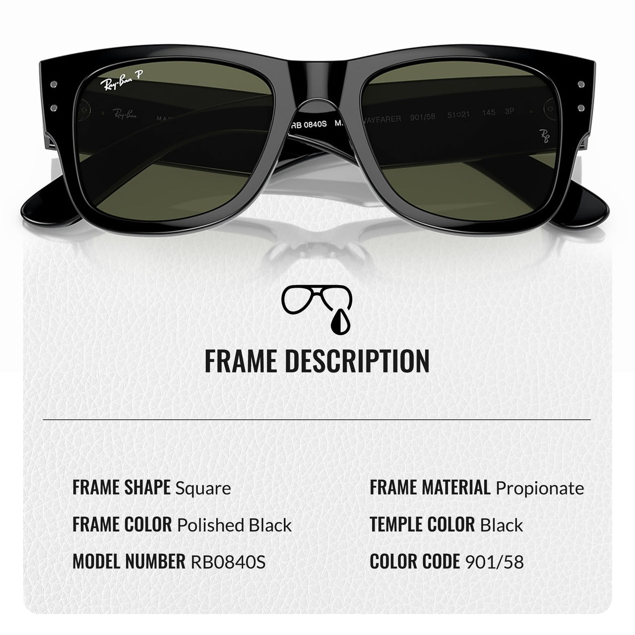 Ray-Ban RB0840S MEGA WAYFARER Polarized Square Shape Sunglasses With Eyewear Kit Bundle - High Bridge Fit - Formal and Casual Wear Square Sunglasses
