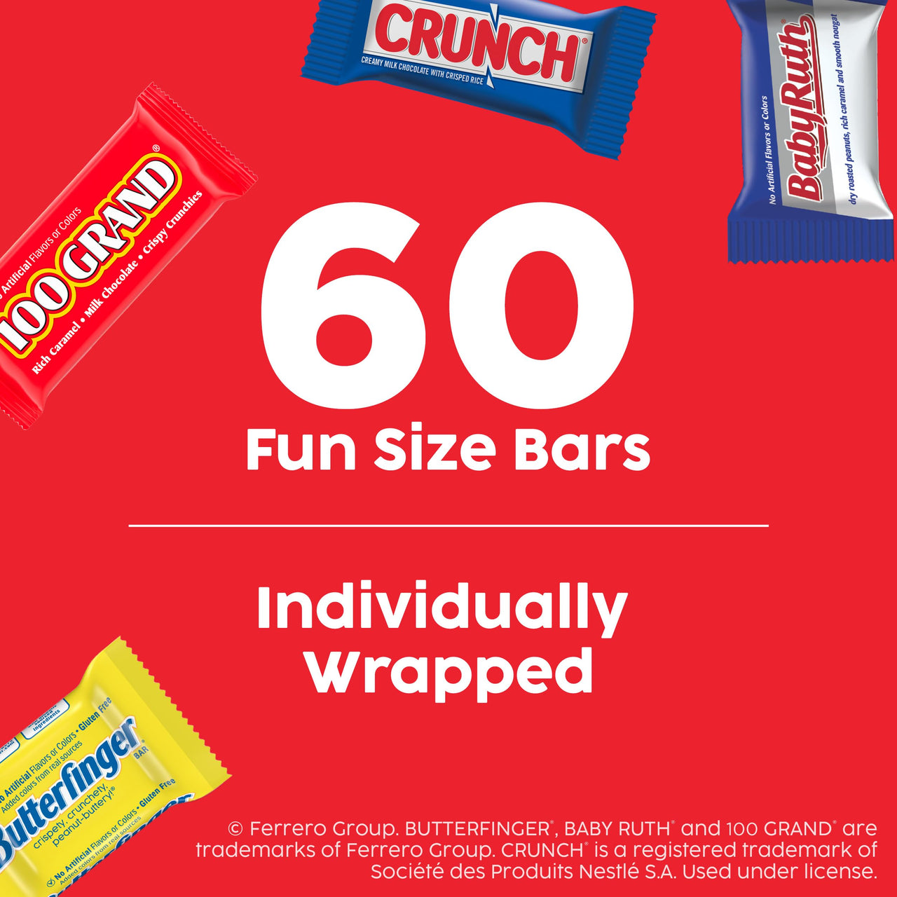Assorted Butterfinger, Crunch, Baby Ruth, and 100 Grand Fun Size Chocolates, 60 count Party Pack, 37.2 oz