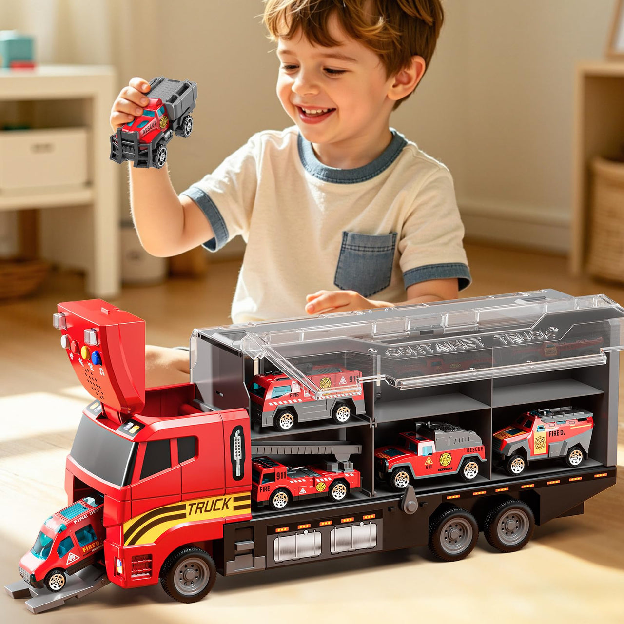 XINNOVEL Carrier Truck Toddlers Toys for 3 4 5 6 7 Years Old Boys, Toy Truck Transport Car & Die-Cast Car and Play Mat, Fire Toys Birthday Gifts for Kids 3 4 5 6 7 8+ Years Old Boys Girls