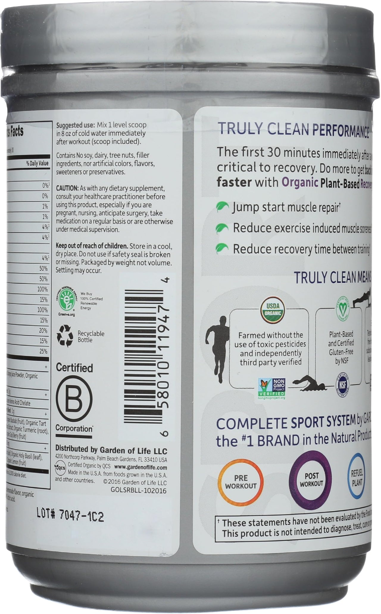 Garden of Life Sport Organic Plant-Based Recovery Powder – Muscle Recovery Supplement for Women & Men with Vitamins and Magnesium, Non-GMO, Gluten-Free, BlackBerry Lemonade Flavor, 30 Servings