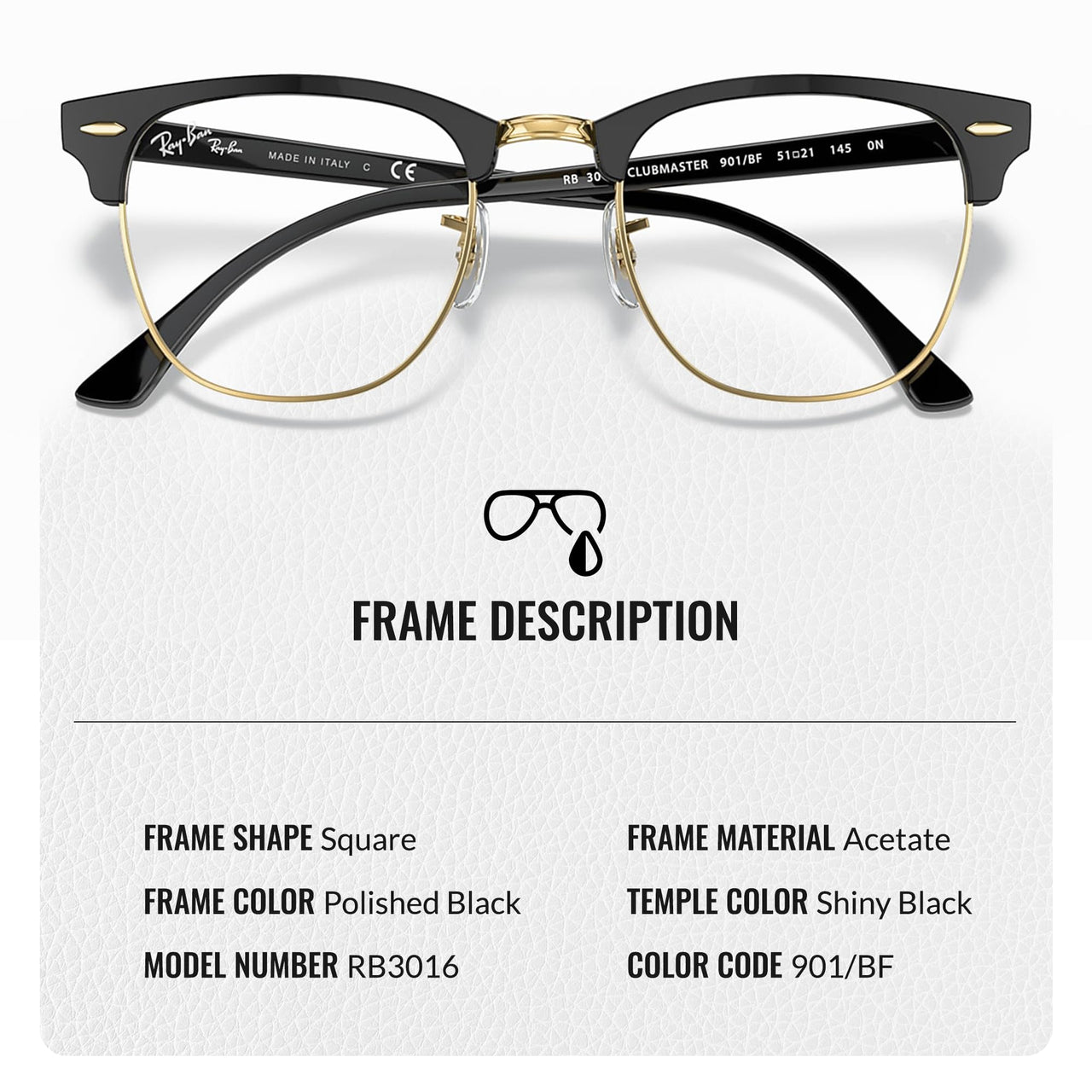 Ray-Ban RB3016 CLUBMASTER Blue-light Clear Square Shape Sunglasses With Eyewear Kit Bundle - Adjustable Nose Pads - Ideal Formal and Casual Wear Square Sunglasses