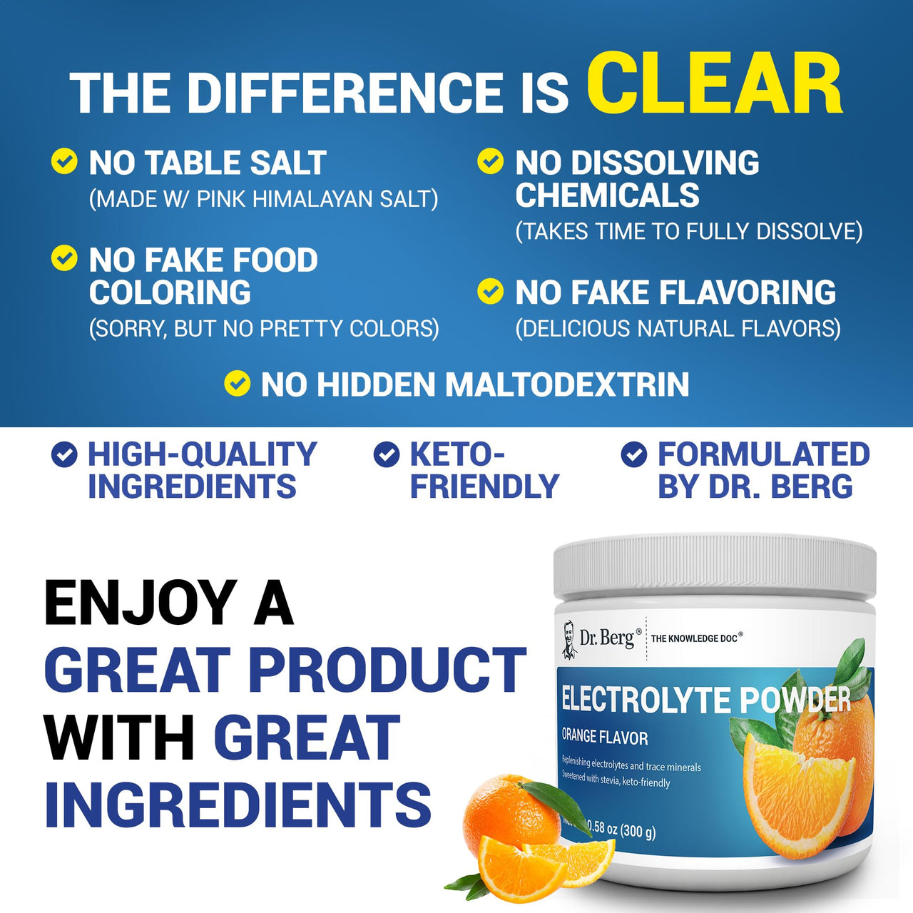 Dr. Berg Zero Sugar Hydration Keto Electrolyte Powder - Enhanced w/ 1000 mg of Potassium & Real Pink Himalayan Salt (NOT Table Salt) - Orange Flavor Hydration Drink Mix Supplement - 50 Servings