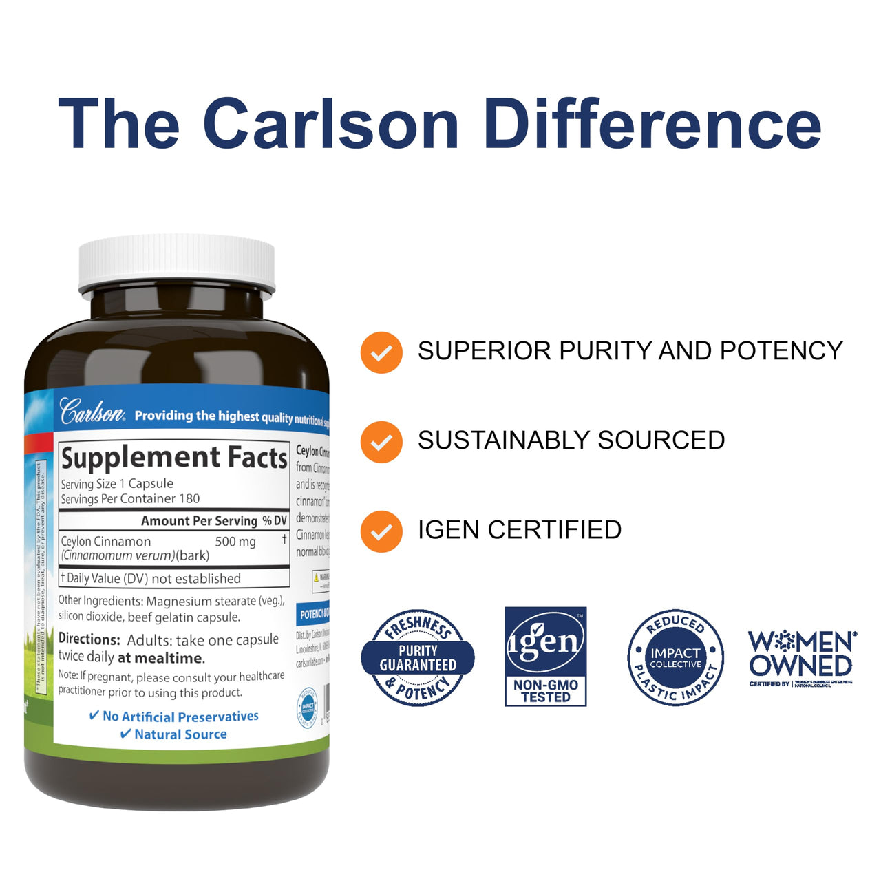 Carlson - Ceylon Cinnamon, Cinnamon Supplements, 500 mg, Cinnamon Extract Pills, Ceylon Cinnamon Capsules, 180 capsules
